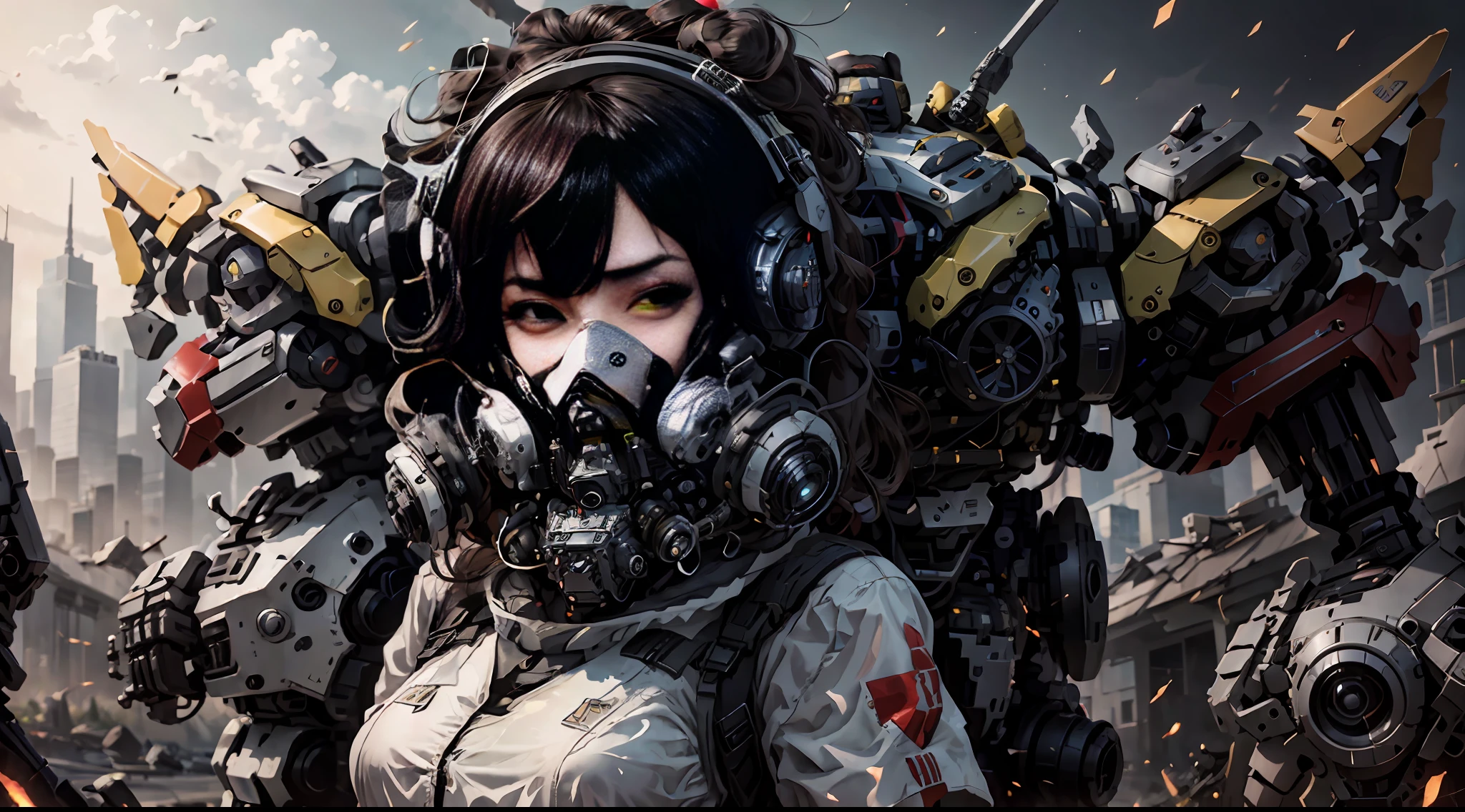 This is a CG Unity 8k wallpaper with ultra-detailed, high-resolution and top quality in cyberpunk style, dominated by black and red. In the picture, a beautiful girl with white messy short hair, a delicate face, wearing a steam mecha mask, standing on the ruins, behind her is a huge robot, and the action of a woman holding a heavy sniper rifle in her hand,