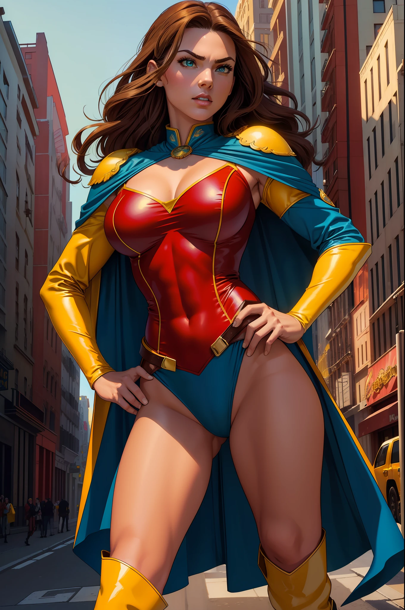 ((best quality)), ((masterpiece)), ((ultra realistic)), (dynamic heroic pose), american, beautiful detailed face, detailed eyes, sexy reporter, (dressed in a red leotard), new york city backdrop, highly detailed, professional, bare legs, (full body costume design), hands on hip, standing, brown hair, medium hair, green eyes, matching boots, long sleeves, (blue sleeves), (yellow hawk-shaped crest engraved on chest), blue cape, cowboy shot, (yellow thigh-high boots)