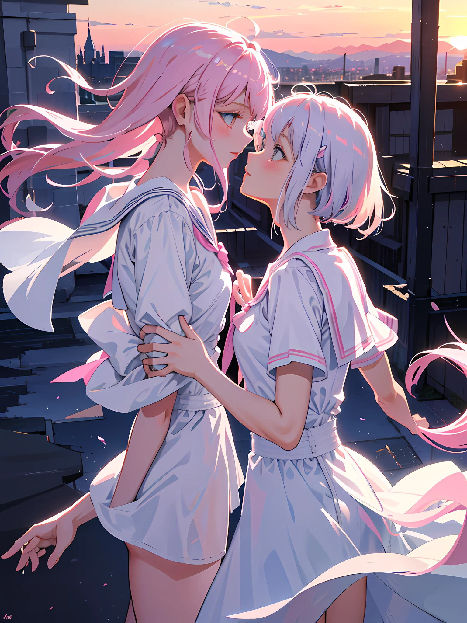 Masterpiece: 1.3), Best Quality, 2 girls, 18 and , white and pink hair color, delicate, rooftop, spirit, sunset, kissing, sailor suit and JK costume,