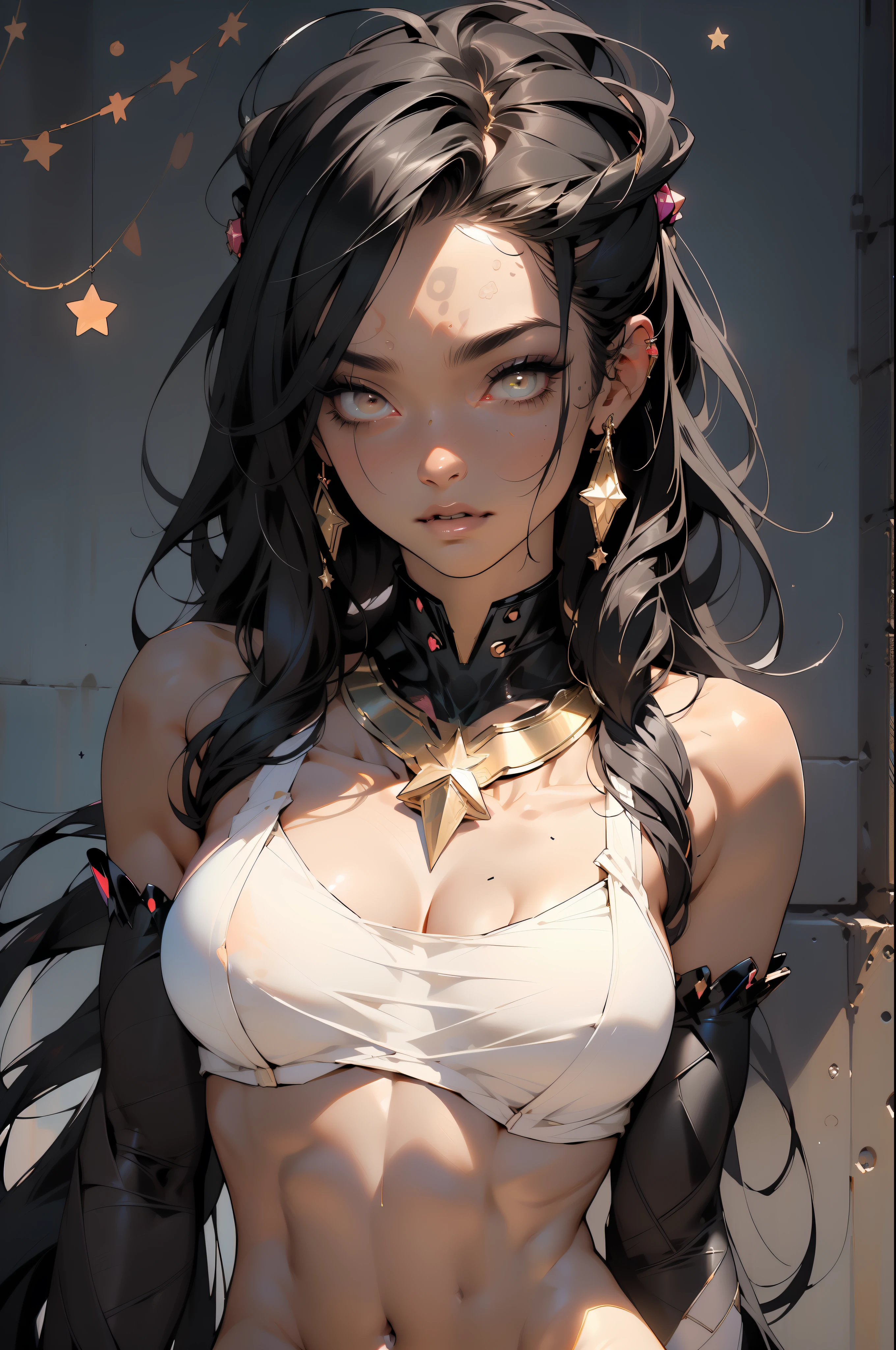 ((Best quality)), ((masterpiece)), (detailed: 1.4), (Absurd), muscular woman of 35 years, black kinetic skin with (((exposed black muscles)))), hot woman, sculptural body with defined muscles, closed mouth, muscular body covered by a micro ?????, whole body covered by Genesis evangelion neon style clothing, (((?????????????)), (eyes with heavy and very black makeup), (((unkempt hair)), (stars covering the body),  ((drawings of golden stars on the arms)), very long eyelashes, heavy eye makeup, lots of jewelry, by mucha, niji --V5, close to real, psychopath, crazy face, ???? pose, 2 piece clothes, pastel, centered, scale to fit the dimensions