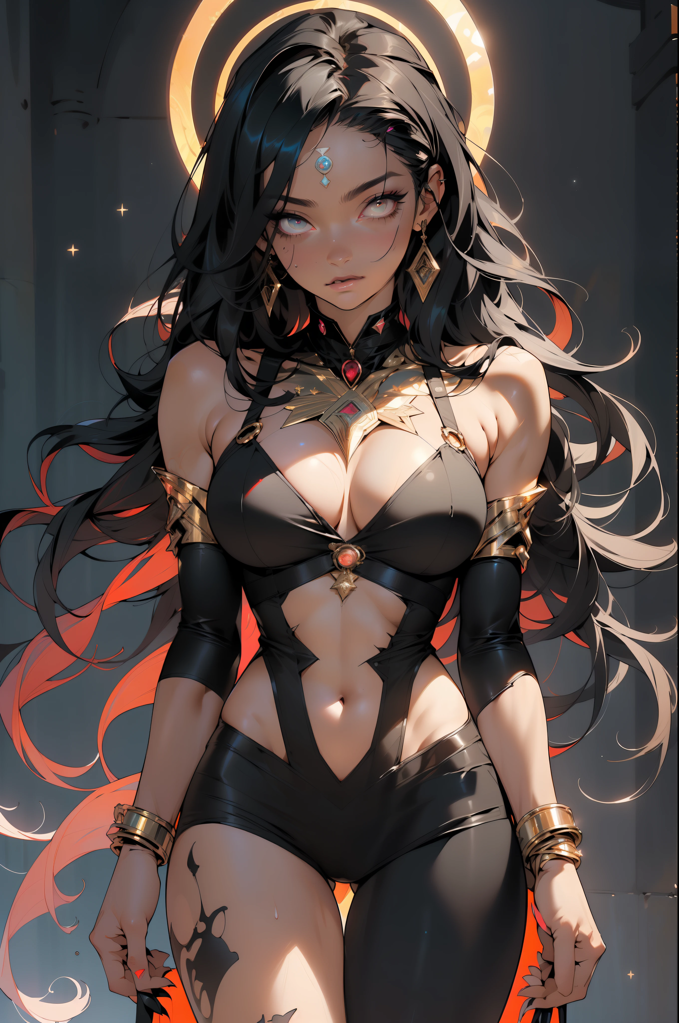 ((Best quality)), ((masterpiece)), (detailed: 1.4), (Absurd), muscular woman of 35 years, black kinetic skin with (((exposed black muscles)))), hot woman, sculptural body with defined muscles, closed mouth, muscular body covered by a micro thong, whole body covered by Genesis evangelion neon style clothing, (((large breasts)), (eyes with heavy and very black makeup), (((unkempt hair)), (stars covering the body), ((drawings of golden stars on the arms)), very long eyelashes, heavy eye makeup, lots of jewelry, by mucha, niji --V5, close to real, psychopath, crazy face, sexy pose, 2 piece clothes, pastel, centered, scale to fit the dimensions