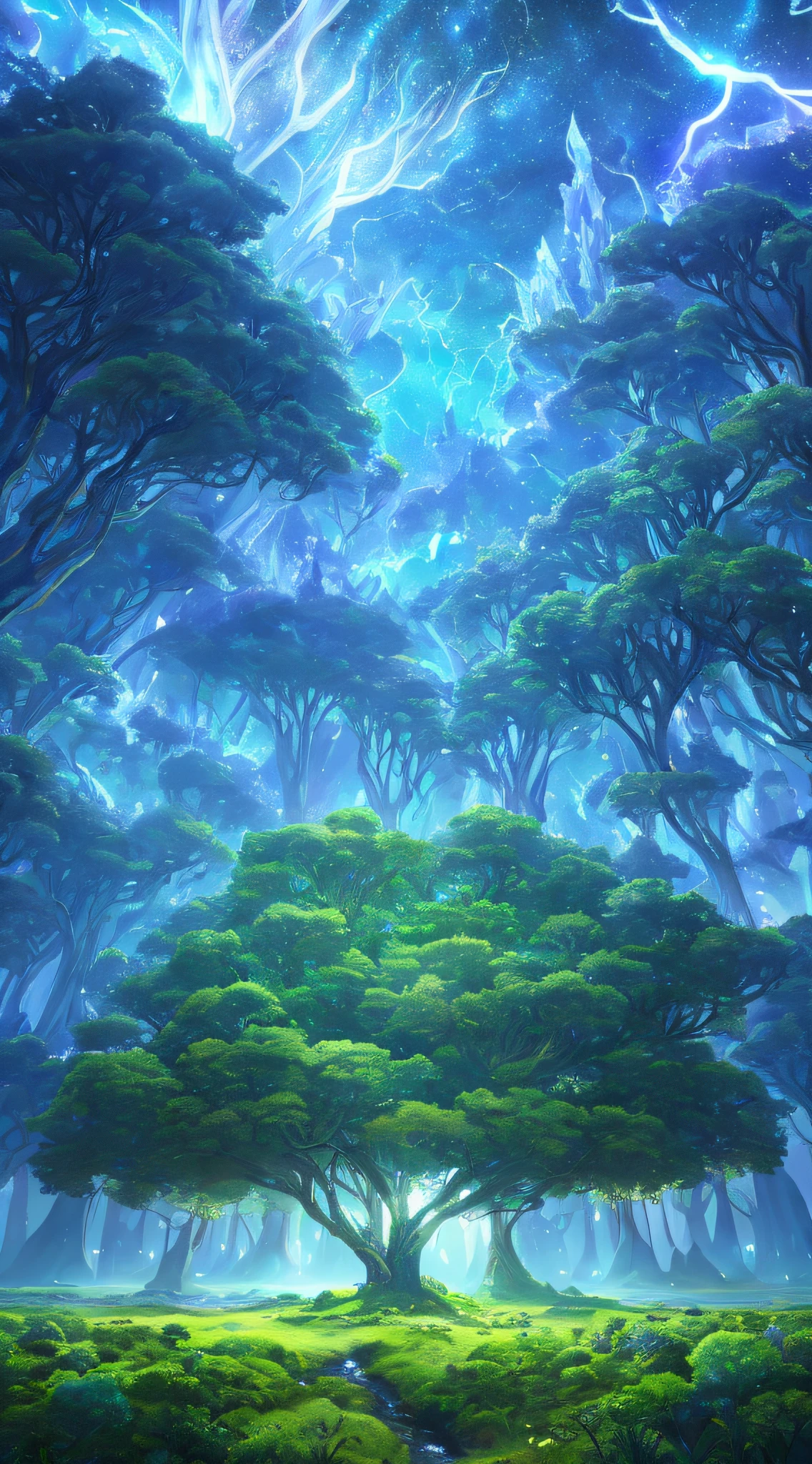 Illustration of a surreal, otherworldly, hyper sky scene including a giant crystal tree full body, highly detailed and magical lighting, intricate forest details, vegetation and surrounding river, solar punk, landscape, giant tree , beautiful green leaves, beautiful lighting and realistic proportions, as if this is a movie background, 8k, highest quality, masterpiece, clouds and stars in the sky.