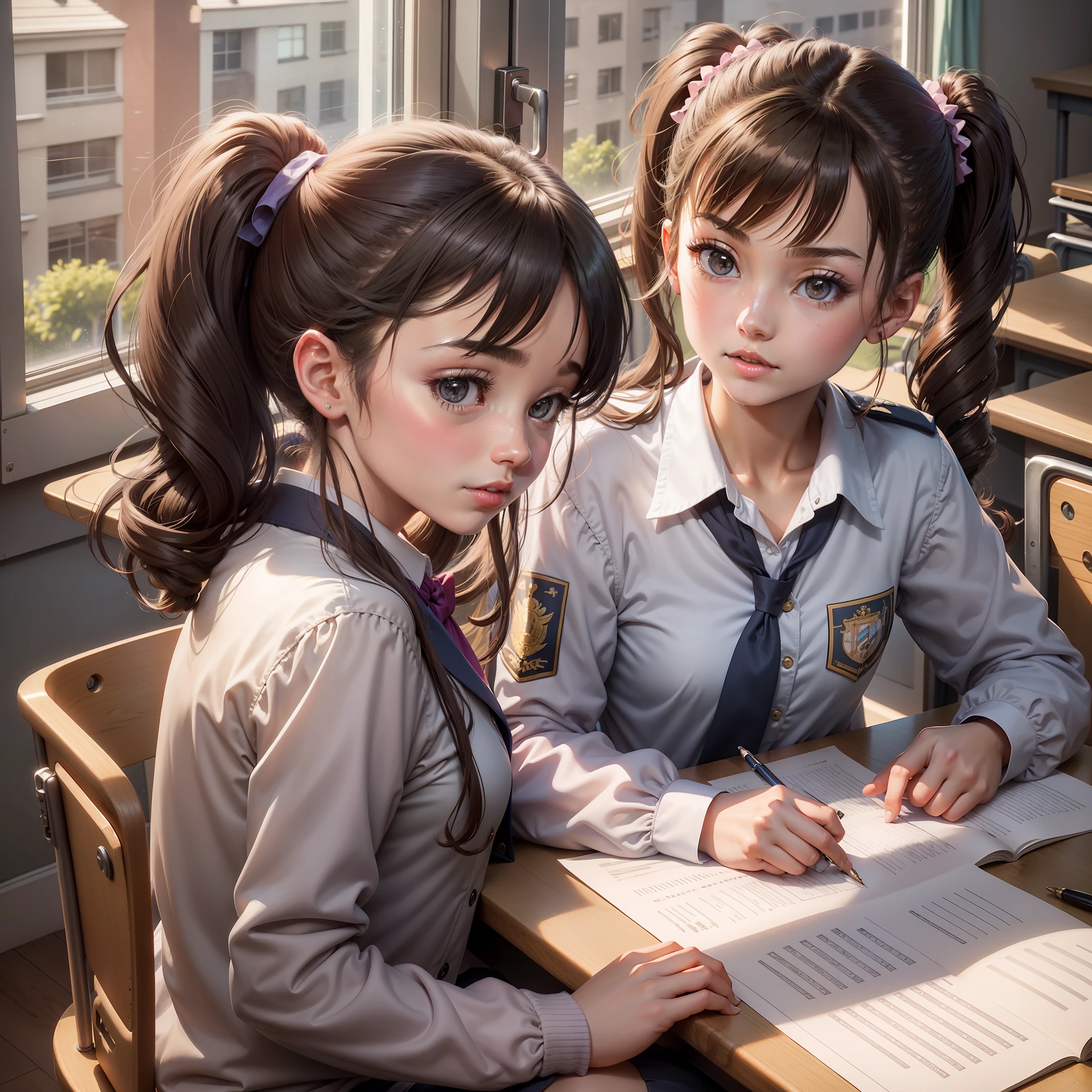 By the window of a classroom, Two teenage girls about 14 years old wearing school uniforms, One of the girls with a double ponytail looked sweet, She is tutoring another royal sister Fan girl with a high ponytail to write practice questions, anime style, lens flare, high details, highres