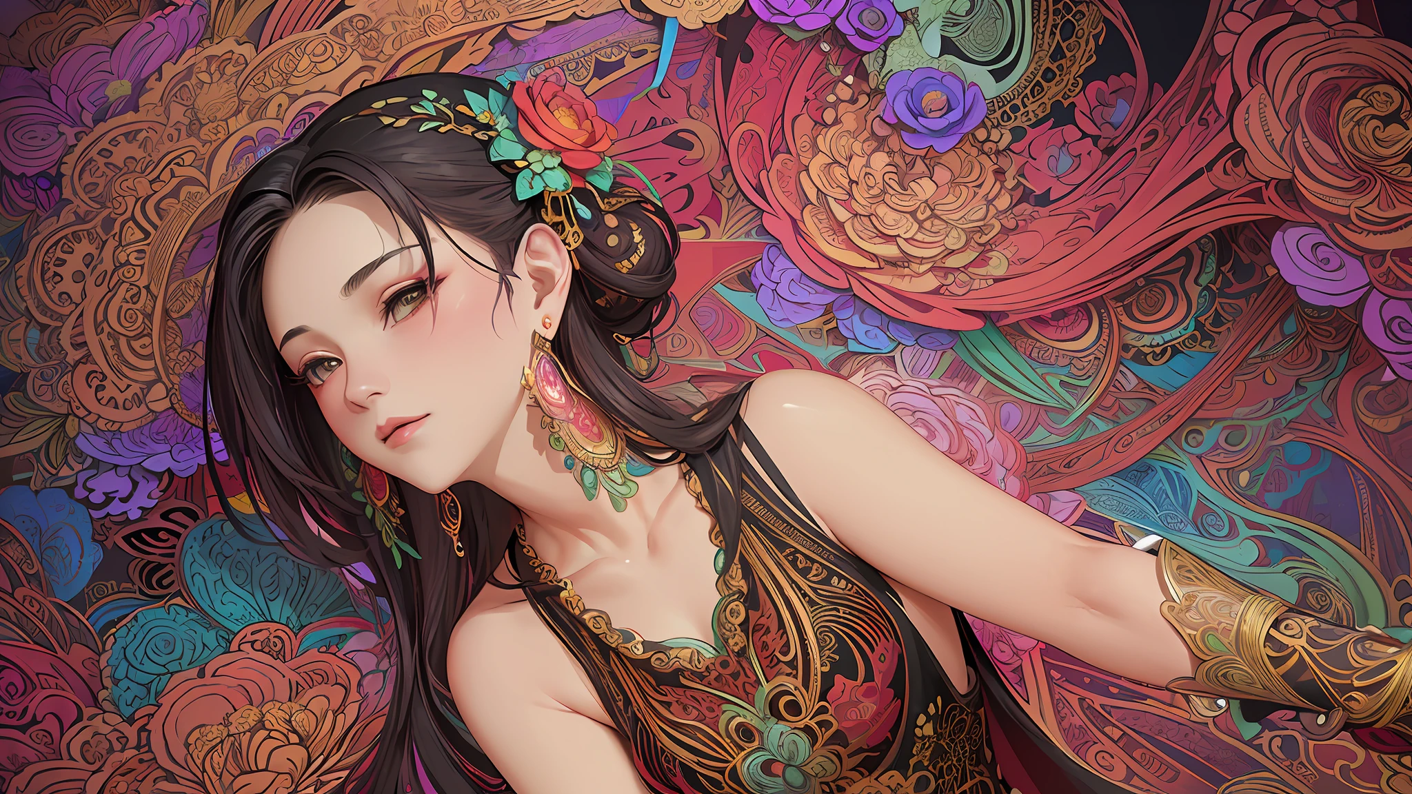 (masterpiece, top quality, best quality, official art, beautiful and aesthetic:1.2), (1girl:1.3), extremely detailed,(fractal art:1.1),(colorful:1.1)(flowers:1.3),highest detailed,(zentangle:1.2), (dynamic pose), (abstract background:1.3), (chinese dress:1.2), (shiny skin), (many colors:1.4), ,(earrings:1.4),