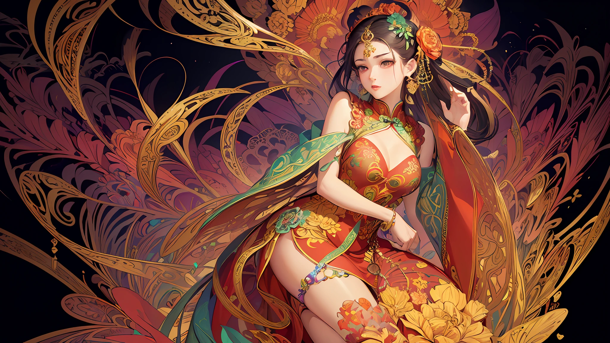 (masterpiece, top quality, best quality, official art, beautiful and aesthetic:1.2), (1girl:1.3), extremely detailed,(fractal art:1.1),(colorful:1.1)(flowers:1.3),highest detailed,(zentangle:1.2), (dynamic pose), (abstract background:1.3), (chinese dress:1.2), (shiny skin), (many colors:1.4), ,(earrings:1.4),