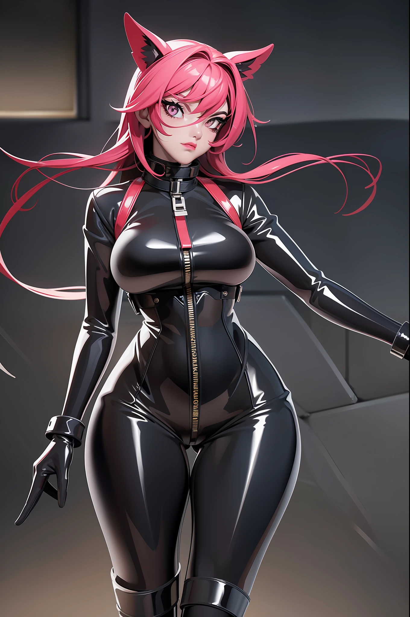 full body picture Unreal Engine 5 8K UHD of beautiful women, wearing tight latex catsuit covered whole body, no zipper, latex neck mask, latex collar, corset, latex body harness and straps, arm and leg cuffs, blindfold, latex long glove, best quality, masterpiece