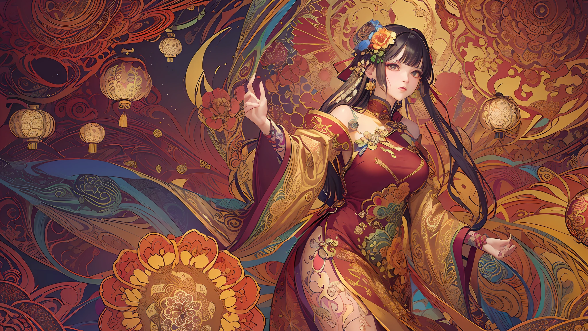 (masterpiece, top quality, best quality, official art, beautiful and aesthetic:1.2), (1girl:1.3), extremely detailed,(fractal art:1.1),(colorful:1.1)(flowers:1.3),highest detailed,(zentangle:1.2), (dynamic pose), (abstract background:1.3), (chinese dress:1.2), (shiny skin), (many colors:1.4), ,(earrings:1.4),