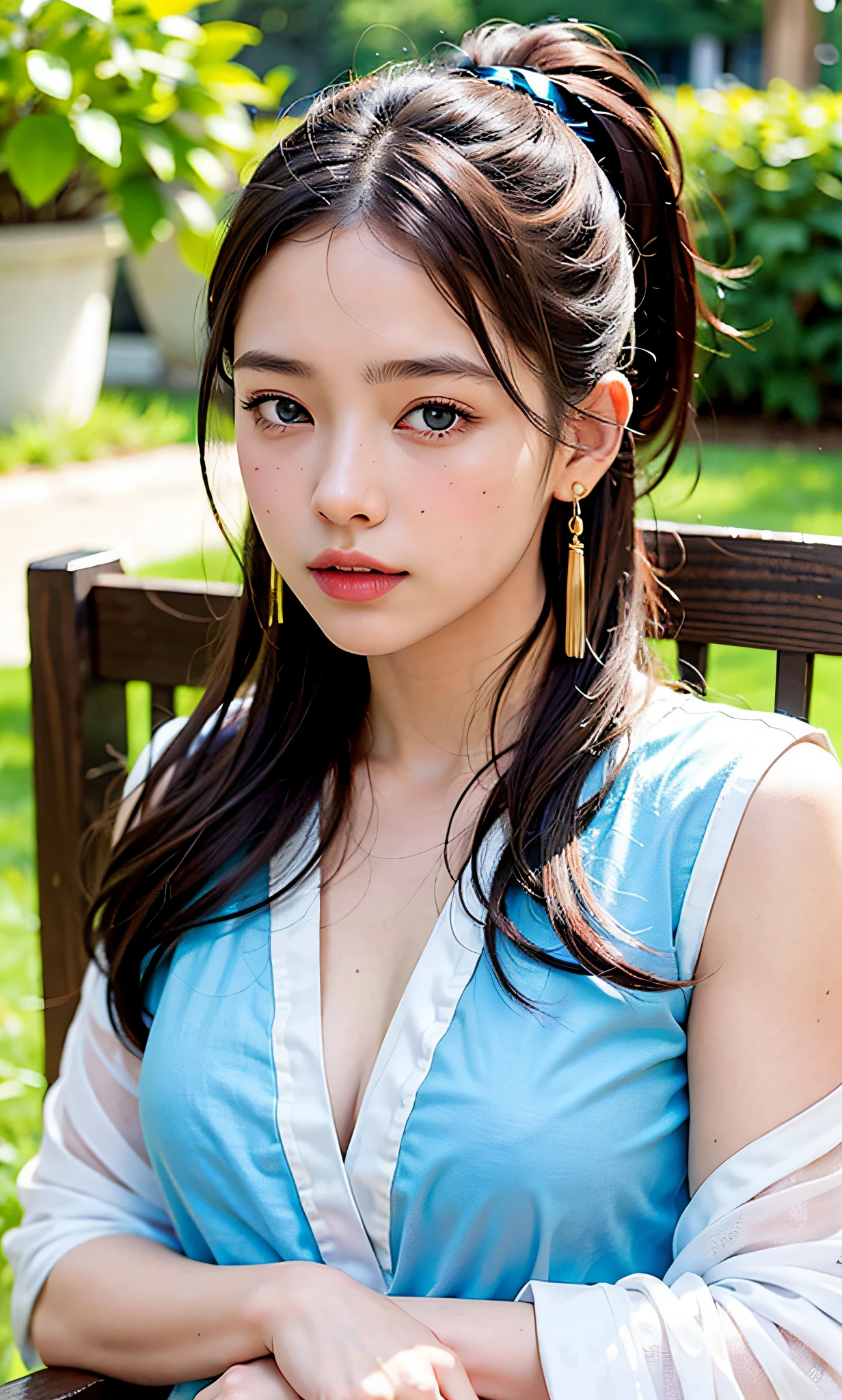 best quality, masterpiece, 1girl, Beautiful face, (gold-brown hair), (blue eyes), (photo realistic:1.3), rim lighting, (high detailed skin:1.2), 8k uhd, dslr, high quality, high resolution, 4k, 8k, Bokeh, absurdres, best ratio four finger and one thumb, (realistic:1.3), cute kawaii 1girl, wearing white chinese traditional clothes, medium breasts, ponytail contorted,