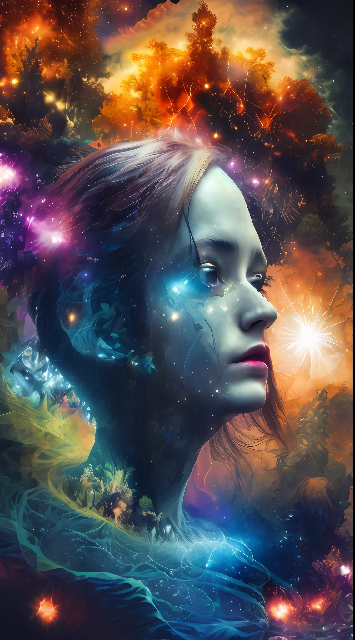 Incredible and spectacular scene, a "((high quality)), (detailed)), ((fantasy)), illustration, perspective (45 degree tilt angle), theme (enchanted forest style), scene elements (handsome boy, beautiful girl), picture quality (3D rendering effect), exquisite details, beautiful lights "emerge from glowing clouds, fractal nebula lines, cosmic entities, celestial bodies, universes, vibrant and vivid, swirling, rotating, impractical, high contrast, co-metabolic, magical, mysterious, mysterious, surreal, Oversaturated, colorful