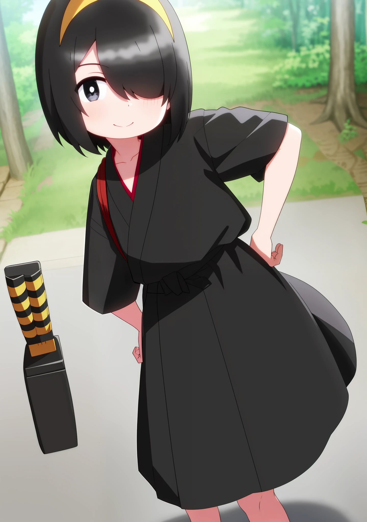 Nishimura akane, forest, path, young, ???, loli,
((1girl)), ((solo)), hand on hip, short hair, black hair, black eyes, white pupils, japanese clothes, smile, looking at viewer, black kimono, hair between eyes, cowboy shot, wide sleeves, facing viewer, black hakama, white_sash, yellow hairband, hair cover one eye, katana, 1:5,