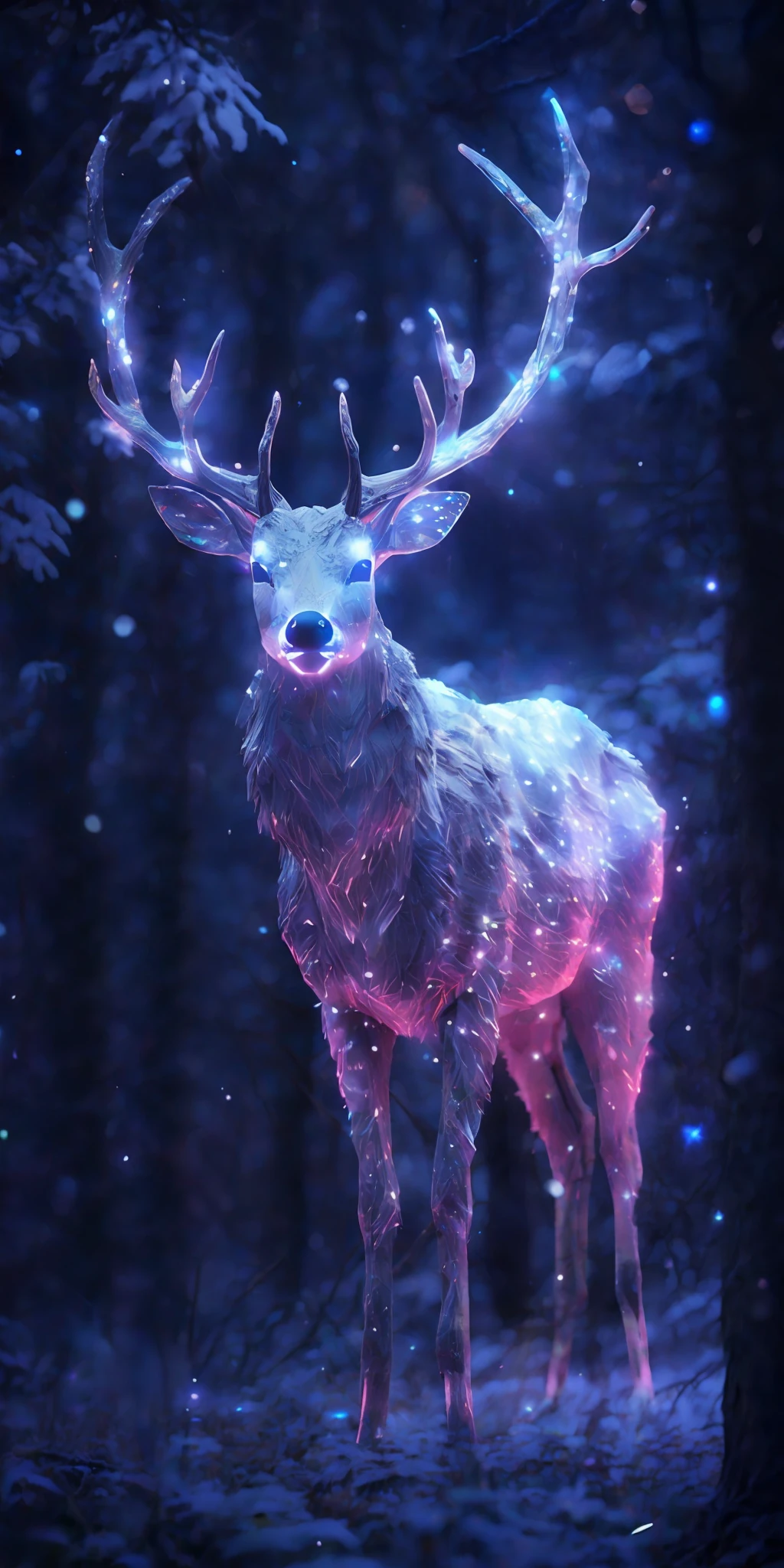 a close up of a deer with glowing antlers in a forest, 3d digital art 4k, digital art animal photo, digital artwork 4 k, holographic creatures, 4k highly detailed digital art, 8k high quality detailed art, 4k detailed digital art, 8 k ultra realistic animal, digital art 4k, digital art 4 k, detailed digital 3d art