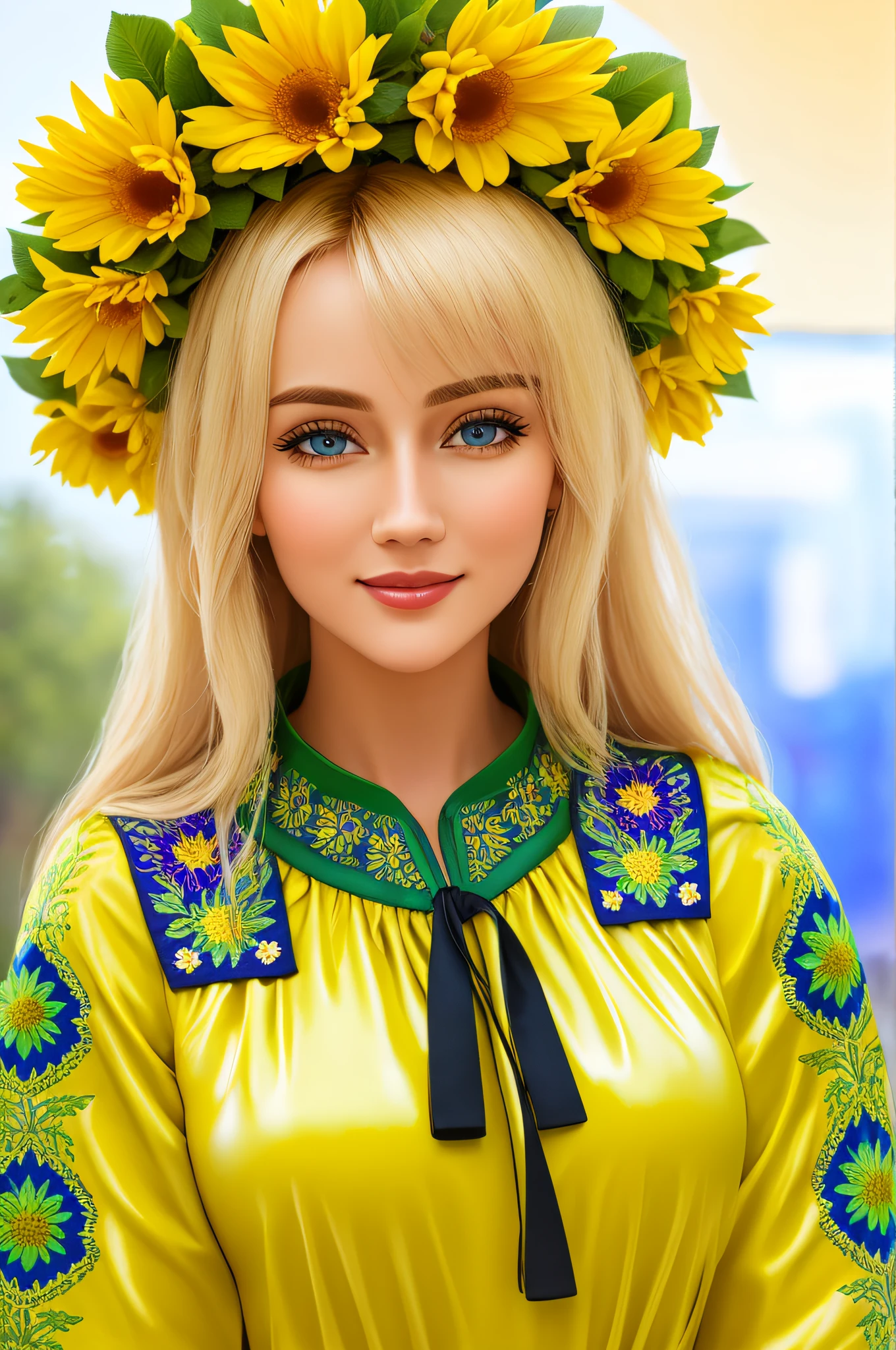 4K, Masterpiece, highres, absurdres,natural volumetric lighting and best shadows,highly detailed face, highly detailed facial features, smiling, edgVyshivanka, blonde woman in a white,blue,yellow,green,pruple,black dress and a flower crown ,wearing edgVyshivanka, edgVyshivanka_style_embroidery,floral embroidery, floral print shiny latex