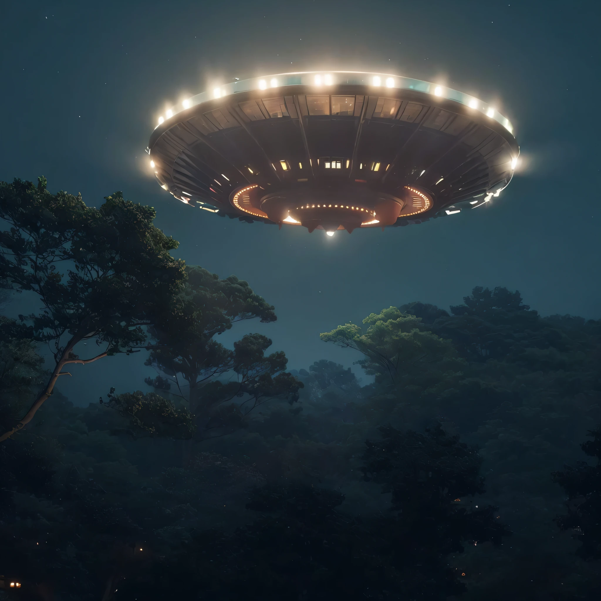 a flying saucer hovering over the forest at night