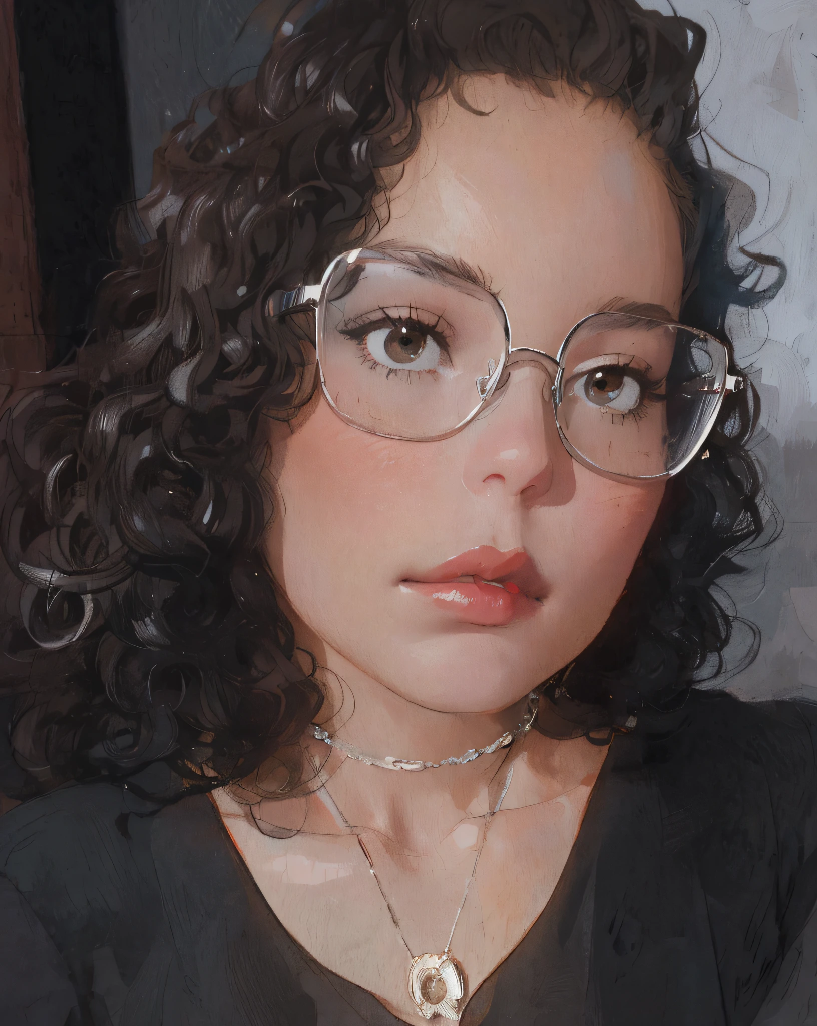 Transform the image into a painting, curly hair, dark brown eyes, silver necklace with the letter D, glasses, sexy look, looking at the viewer, 4k, full hd