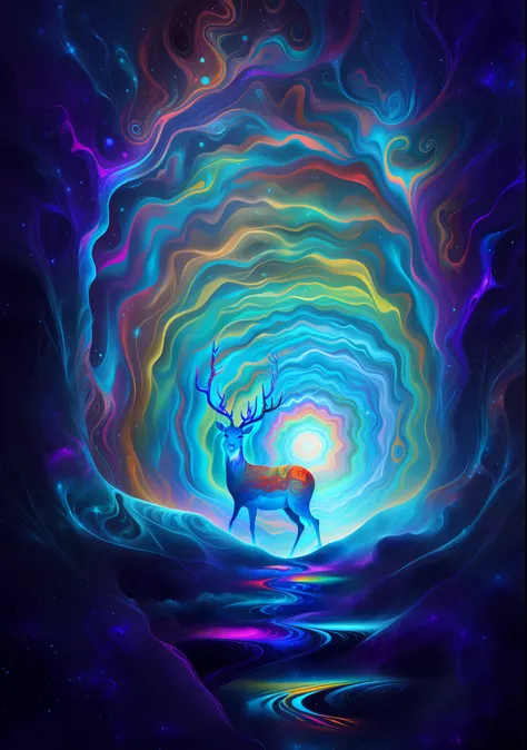 (psychedelic painting of a deer standing in front of a colorful swirl), ((multiple antlers, stag, big head)), bright colors, thi...