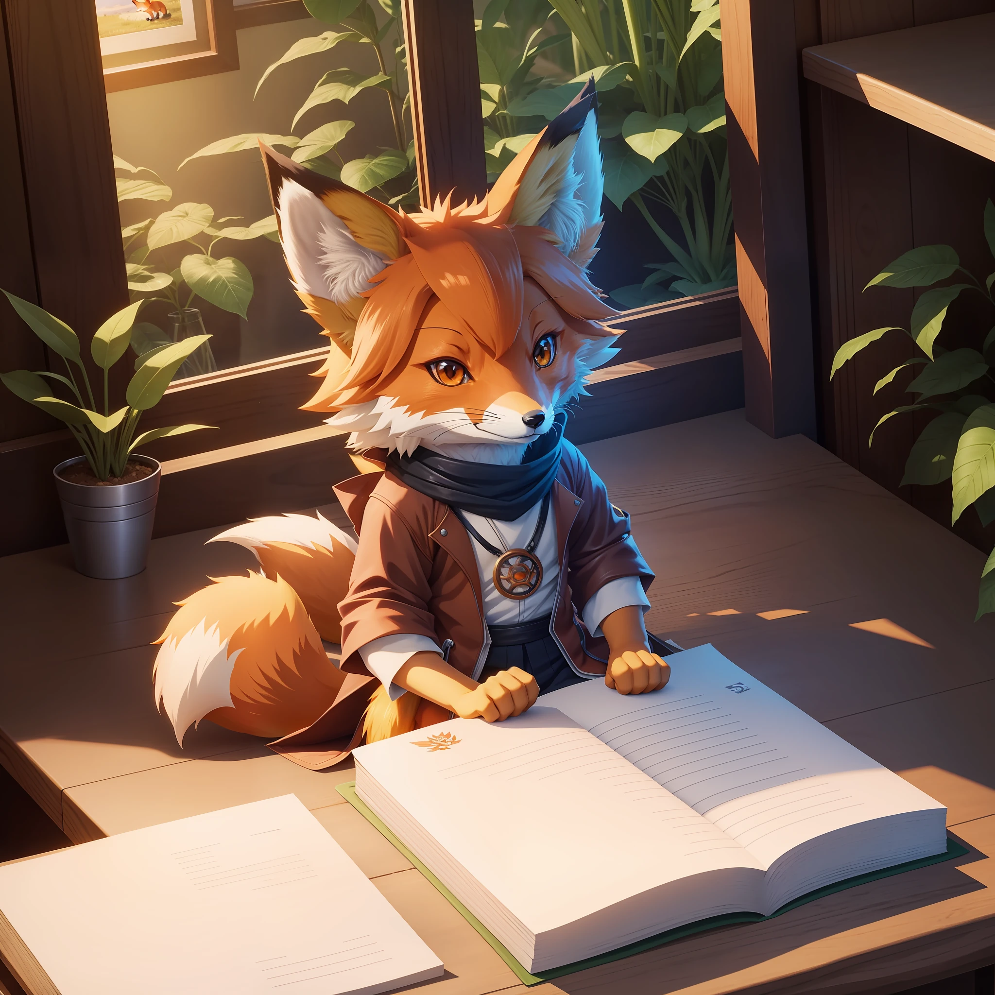 Anime fox sitting on table, holding documents and plants, anime vision of cute fox, gods favor little fox, orange fox, nine-tailed fox, anime fox, realistic anime fox, Loepfe art style, Loepfe, Loepfe art, anime fox girl, cute anime fox girl, still from anime, Sora as a fox, anime aesthetics, animated movie screenshot, fox ears --auto --s2