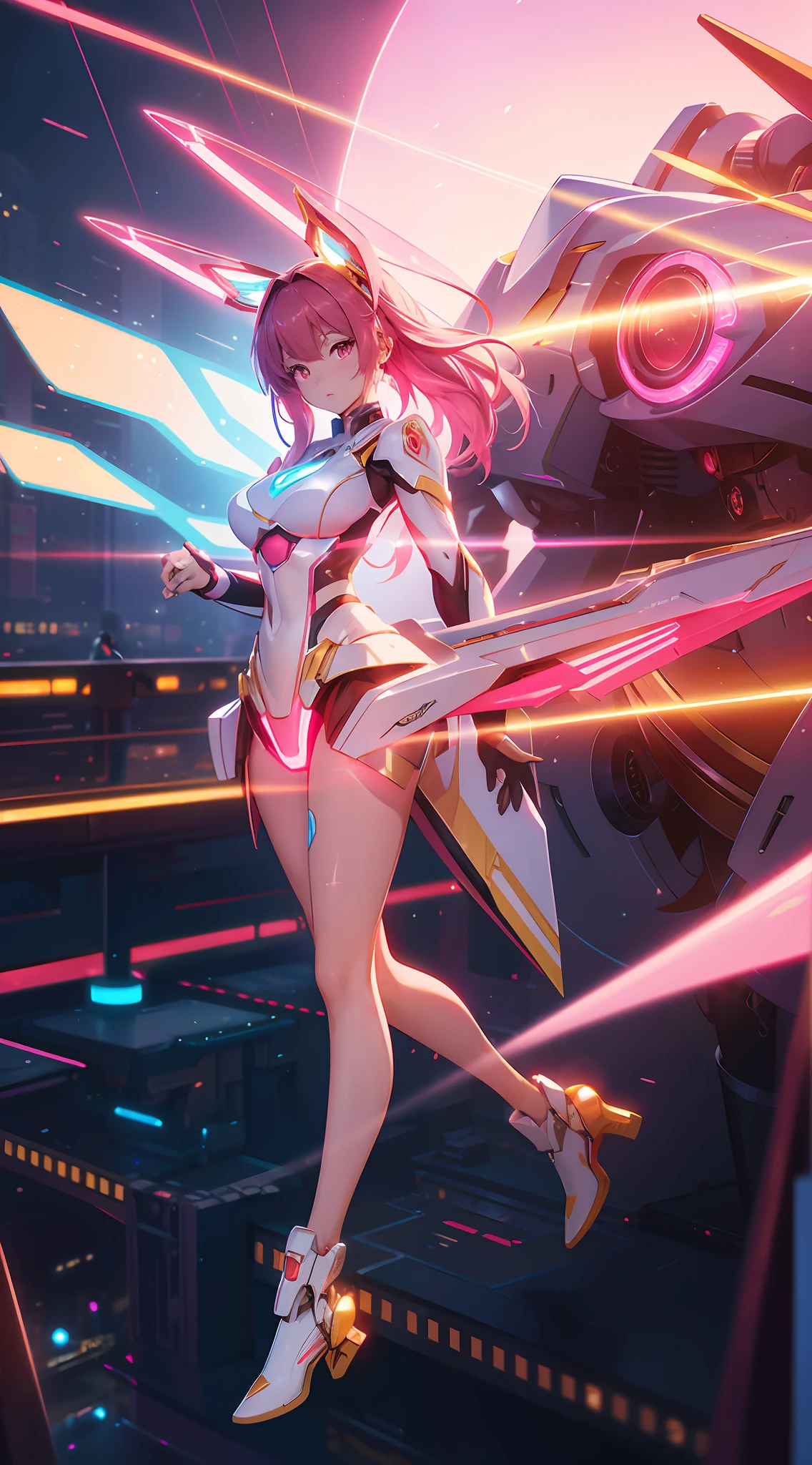 neon light,lens flare + a chinese girl in phoenix-mecha, delicate face, Mecha animation,red, rich details,ip by pop mart,disney style,full body shot + huge halo, pink gold light,flowing, flash of detail, surreal,unbelievably ,realistic,fantastical ,3d render,spaceship,crystal