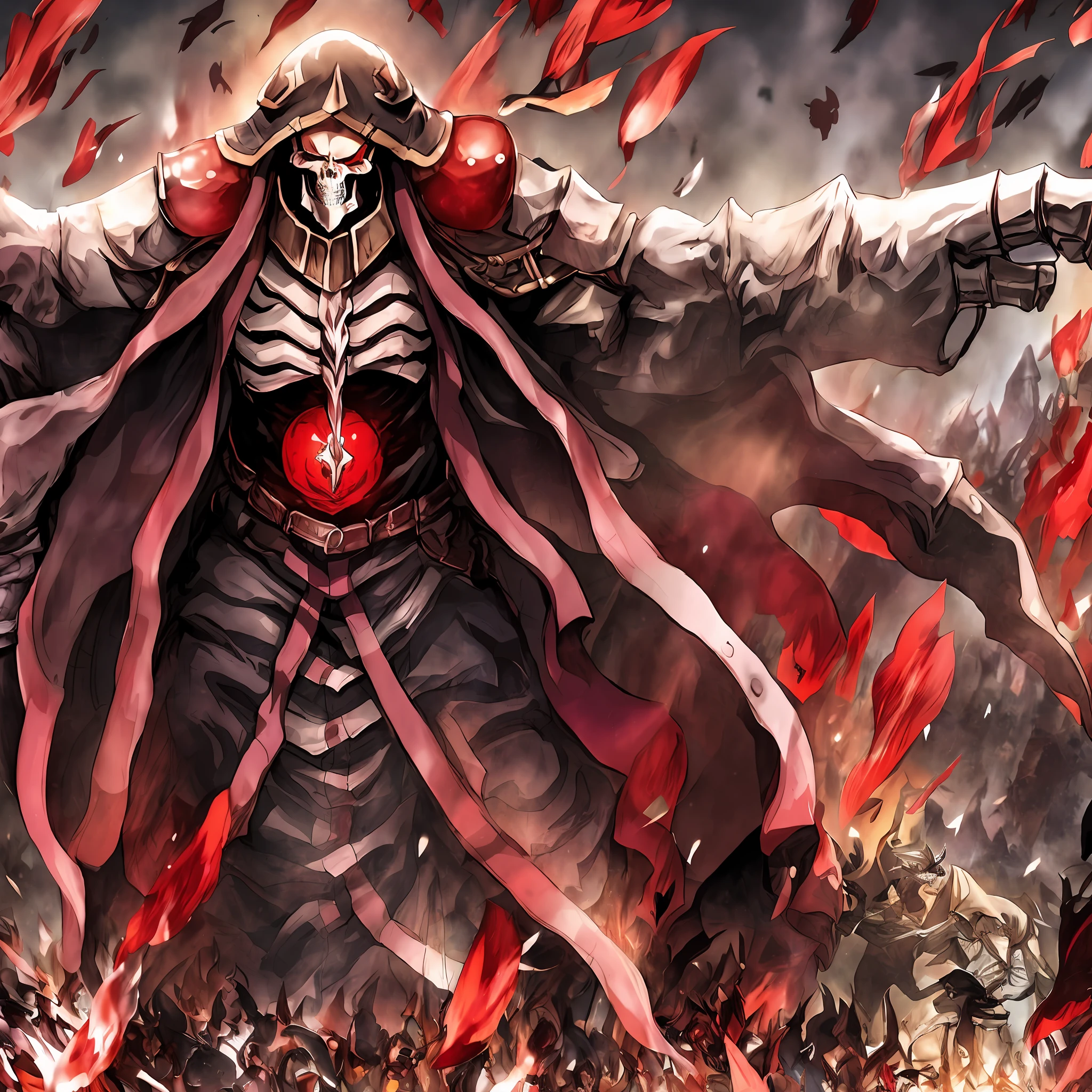 Anime warrior_standing_on_a_bloody_field, corpses, detailed, ainz, dark_suspenseful, use_the_colors_and design forms anime Overlord, skeleton, hands skeleton, detailed, skull_face, realistic, cinematic, movie