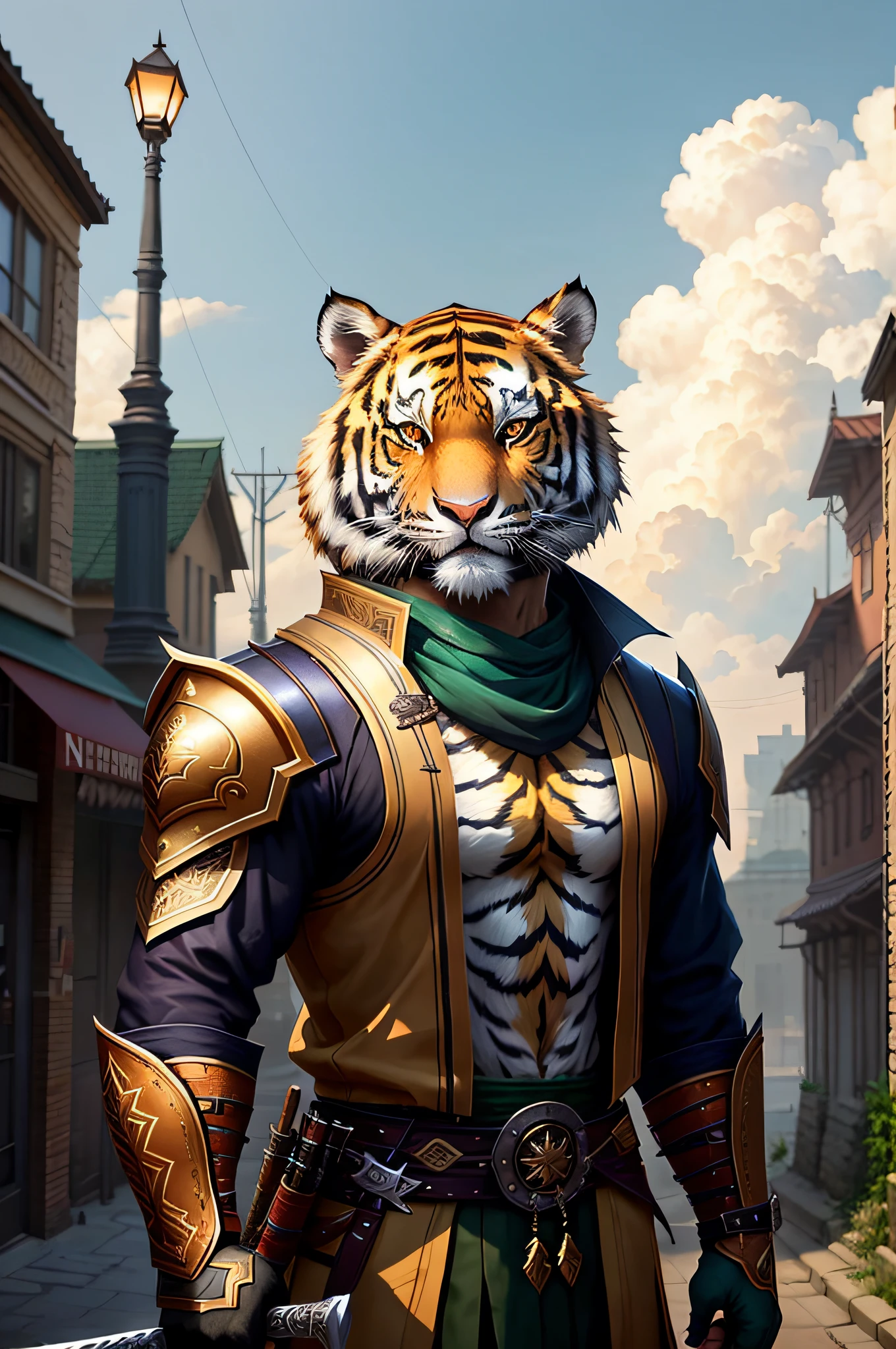 a tiger in a warrior outfit holding a sword in a city, anthropomorphic tiger, epic art style, epic fantasy art style, urban samurai, sacred tiger, striking detailed artstyle, wojtek fus, ((tiger)), metaverse concept art, stunning character art, concept art style, half tiger, tiger_beast, epic character art