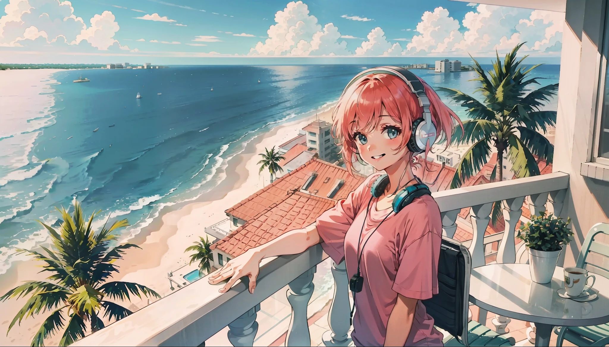 (1 girl), animated screencap, dim, florida, hotel room, balcony,summer, smiling with headphones,