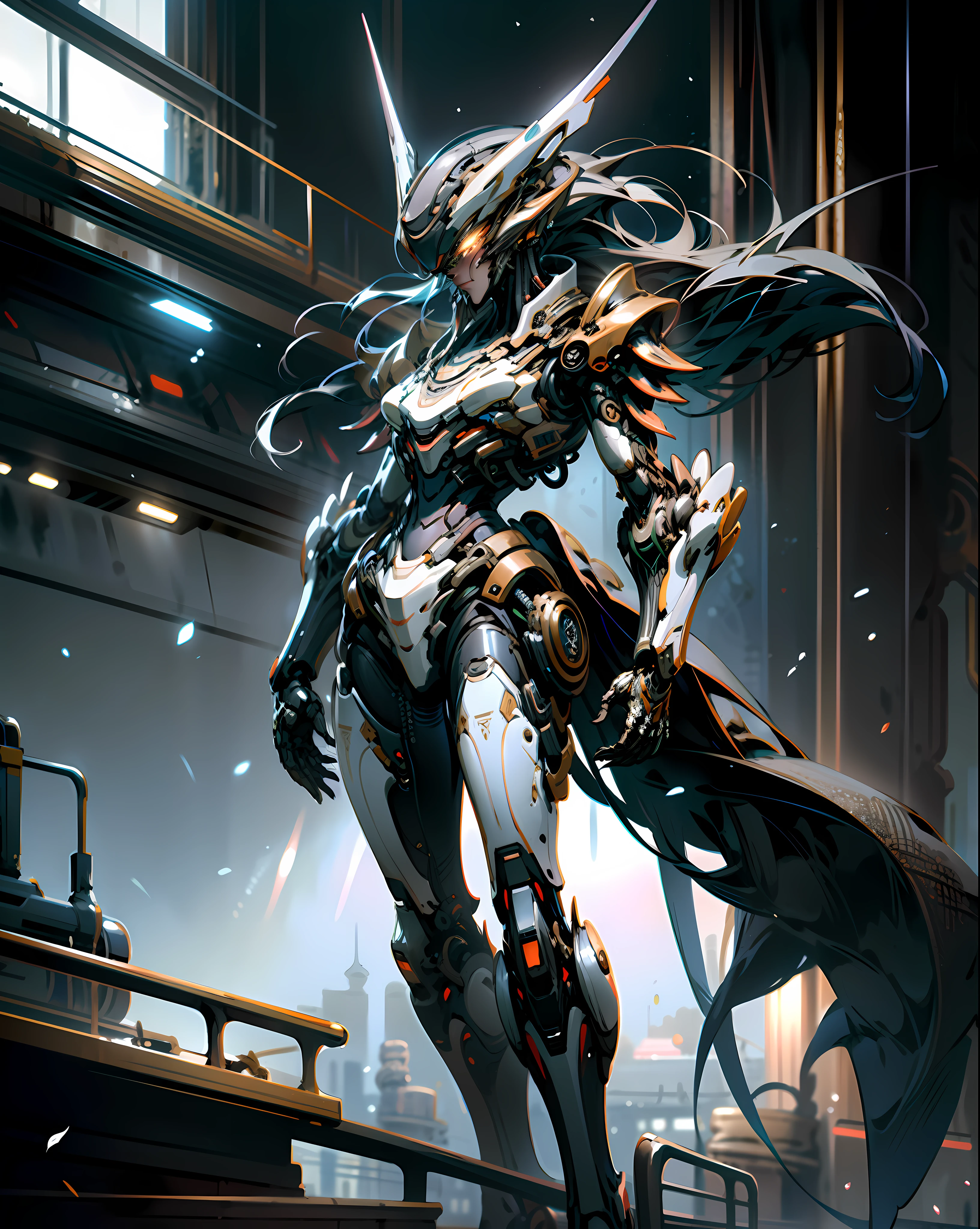 a masterpiece， the best quality， High Quality， （futurism：1.1）， （cyberpunk clothes）， movie lights， （Exquisite future）， Beautiful and beautiful， Ultra detailed， Great composition， floating， Depth of field， （Very detailed CG，Unity 8k壁纸）， （Beautiful detail background）， Beautiful hair details， dramatic lights， GOGETTA， mecha，Bestquality，ultrahighres，photoreal