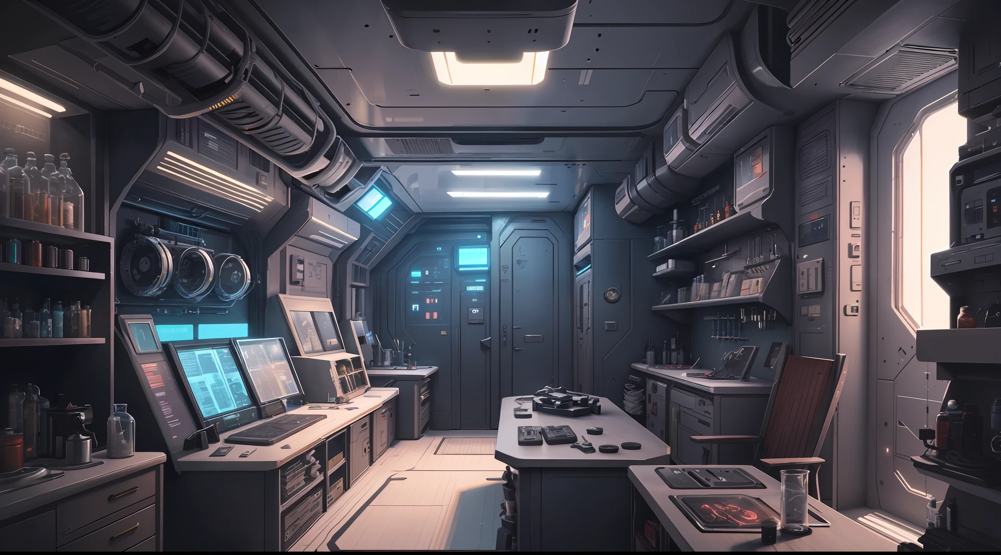 A futuristic lab inside a Cyberpunk-style first-person ship filled with pirate-themed objects