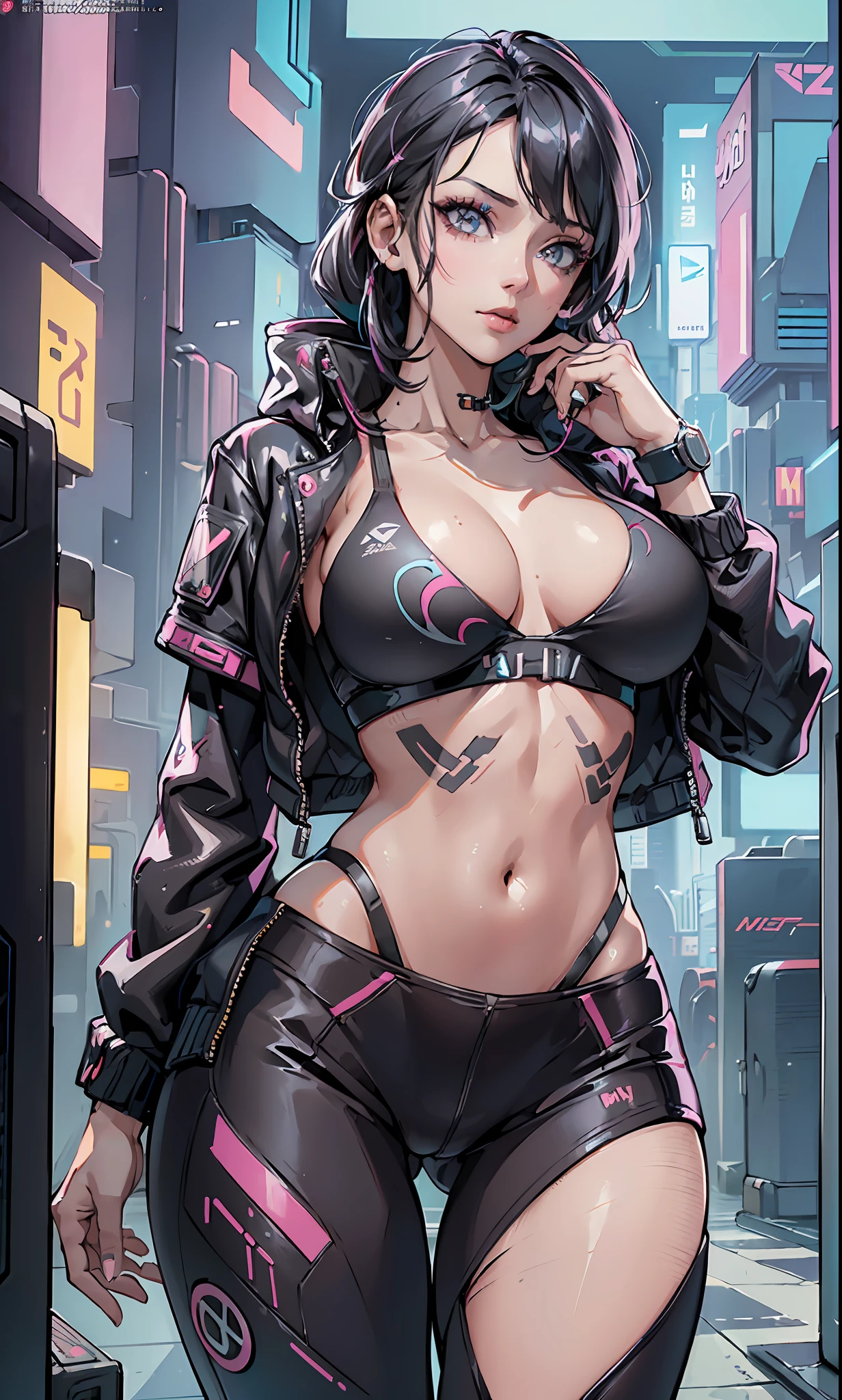 sports bra, sports jacket, sport pants, no panties, ( cyberpunk environment:1.2),makeup,, (1 girl:1.4),best quality, masterpiece, (realistic:1.2), young woman, a lady, detailed face, detailed eyes, detailed hair, detailed skin,look at viewer, dramatic, vibrant, sharp focus,50mm,F1.2, EOS R8,(3/4 body:1.2),standing,(complex background:1.6),(Best quality details:1.2),8K High definition,(large breast, breast expansion)((dynamic pose))