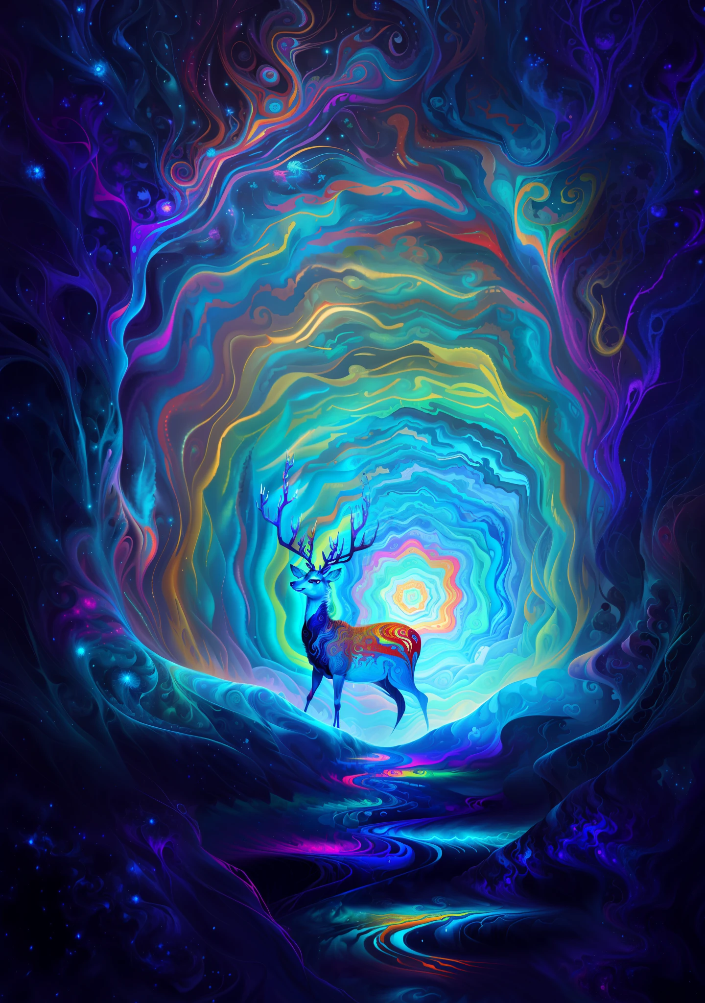 (Psychedelic painting of a deer standing in front of a colorful swirl), ((multiple antlers, stag, big head)), bright colors, thick lines, waves, multiple layers, foreground, perspective, fractal Thunder Dan Mumford , Dan Mumford and Alex Gray style, psychedelic surreal art, surreal psychedelic design, dream art style, illusion psychedelic art, infinite psychedelic waves, inspired by Cyril Rolando Rolando), realistic ripple structure, psychedelic art style, psychedelic art, psychedelic illustration -- V6