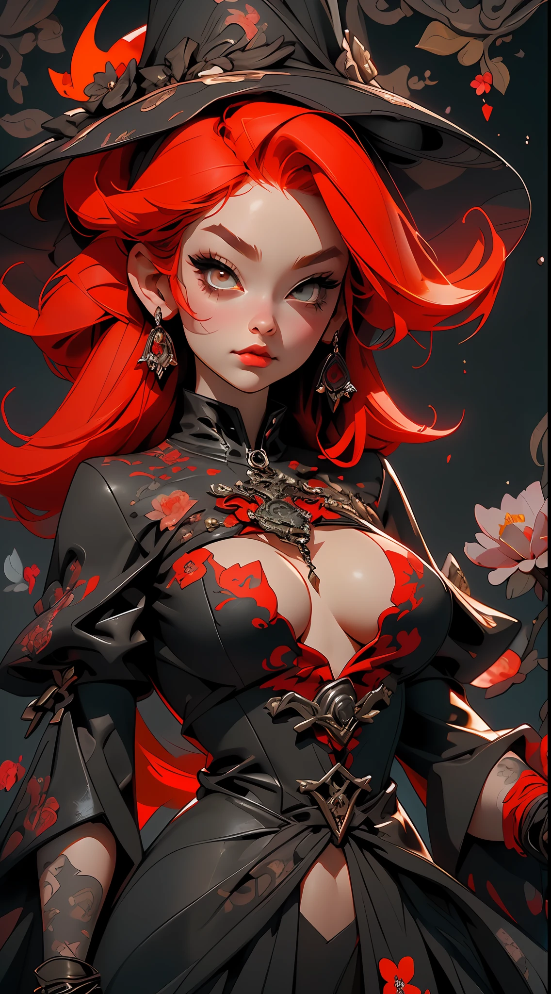 ((Best Quality)), ((Masterpiece)), ((Reality)) and a hyper-detailed photography with a gothic girl. She has ((fiery red hair)), wears a black dress next to floating flowers, flames, black witches, exudes an atmosphere ((beautiful and beautiful)), big breasts, sexy