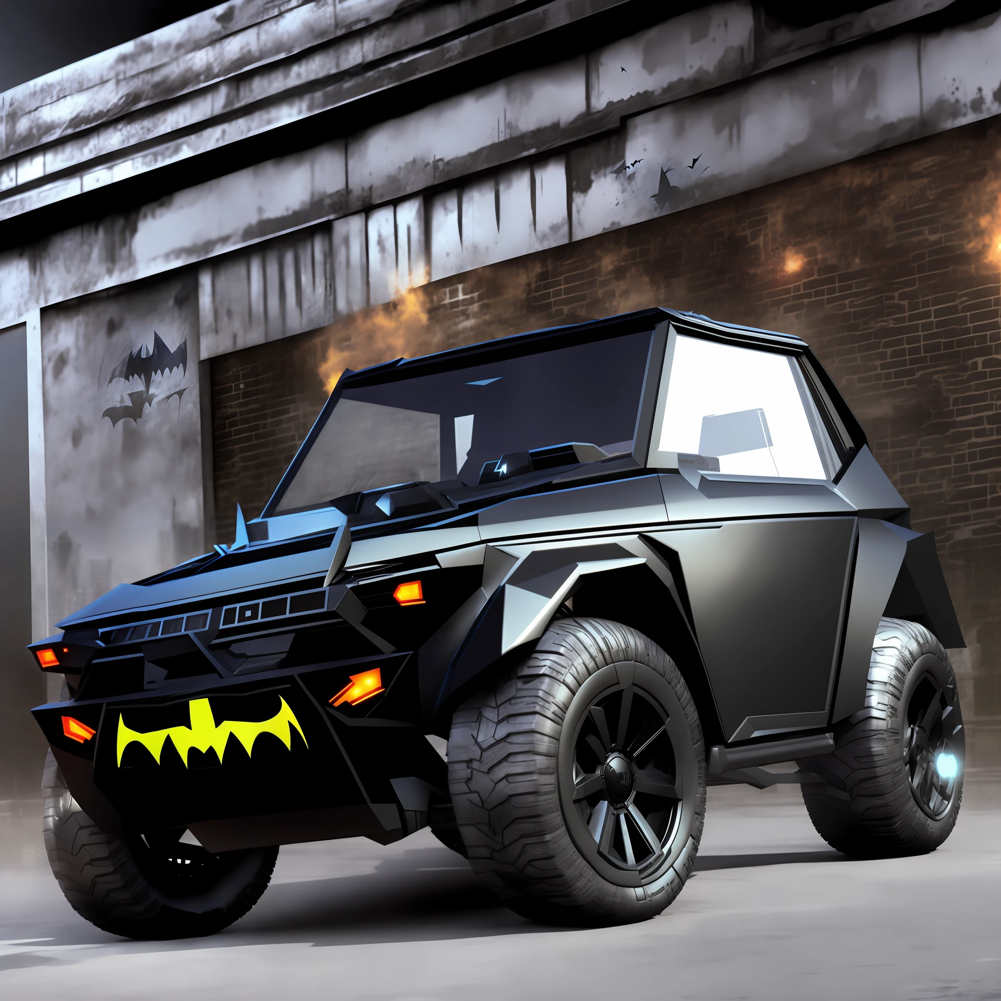 batman jeep with a batmobile design on the front, badass batmobile car design, vehicle concept photo!!, batmobile, hero shot, batman, adventure hyper realistic render, a retropunk naturewave defender, adam west as batman 2022, the batman, buggy, anigirl batman, vehicle photography, 3 d render of jerma 9 8 5