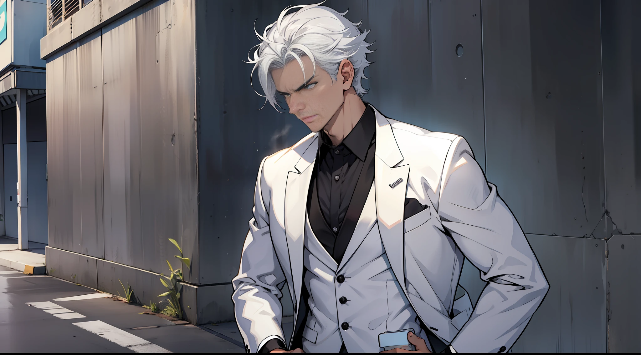 Handsome boy with silver hair, black shirt, white suit, parking lot, looking at his phone, frowning