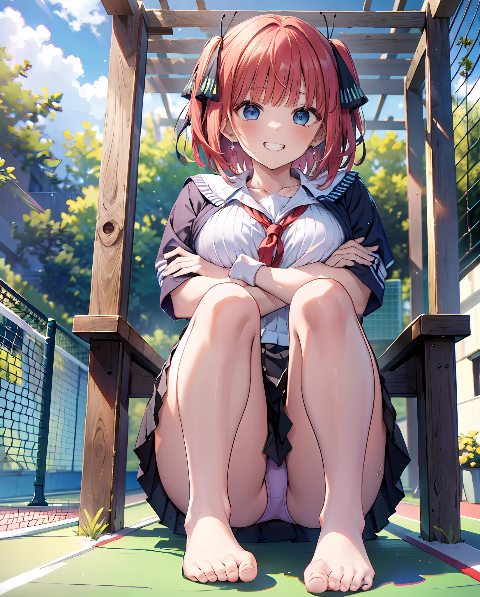 absurdres, highres, BREAK looking at viewer, full body, (from below:1.5) BREAK (vivid-color:1.3) BREAK (one girl:1.3), (:1.2),red hair, blue eyes, tennis uniform, hairclip, earrings, jewelry, nm1, hair ribbon, short hair, tennis cosplay, (pleated super short skirt:1.4), (thighs:1.3), large breasts, (grin, great laughter:1.3), open mouth, (folding one's arms:1.3), (breast:1.3), round eyes, (blowing in the wind:0.5), sweat around girl, dripping sweat, (((Very pretty panties))), (sit on a bench:1.3), (bare feet:1.3), (foot focas:1.2),(two feet:1.3), crossed legs, looking down,looking at viewer, perfect foot,(emphasis on the soles of the feet1.3), from below ceiling, breath, pov, (shiny skin:1.1), squall (wind:1.2), sense of speed, refreshing breeze, motion blur effect, wind BREAK background is (tennis court:1.3), (Stand in the center of the screen:1.3), (10,000 people spectators:1.3), multiple people behind you, blue sky with clouds, outdoors, (magnificent panorama view:1.2), wind BREAK sunlight, magnificent view, rainbow in the sky, light particles, dynamic angle, dutch angle, perspective BREAK (daytime, sunbeam:1.2), depth of field, bokeh, light leaks, (chromatic aberration:1.2), noon BREAK