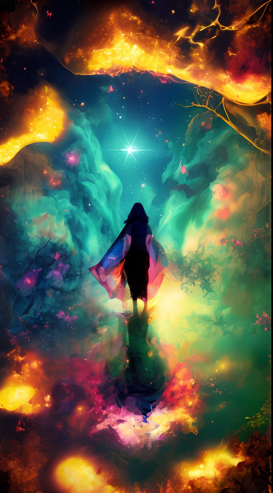 Incredible and spectacular scene, a "((high quality)), (detailed)), ((fantasy)), illustration, perspective (45 degree tilt angle), theme (enchanted forest style), scene elements (handsome boy, beautiful girl), picture quality (3D rendering effect), exquisite details, beautiful lights "emerge from glowing clouds, fractal nebula lines, cosmic entities, celestial bodies, universes, vibrant and vivid, swirling, rotating, impractical, high contrast, co-metabolic, magical, mysterious, mysterious, surreal, Oversaturated, colorful