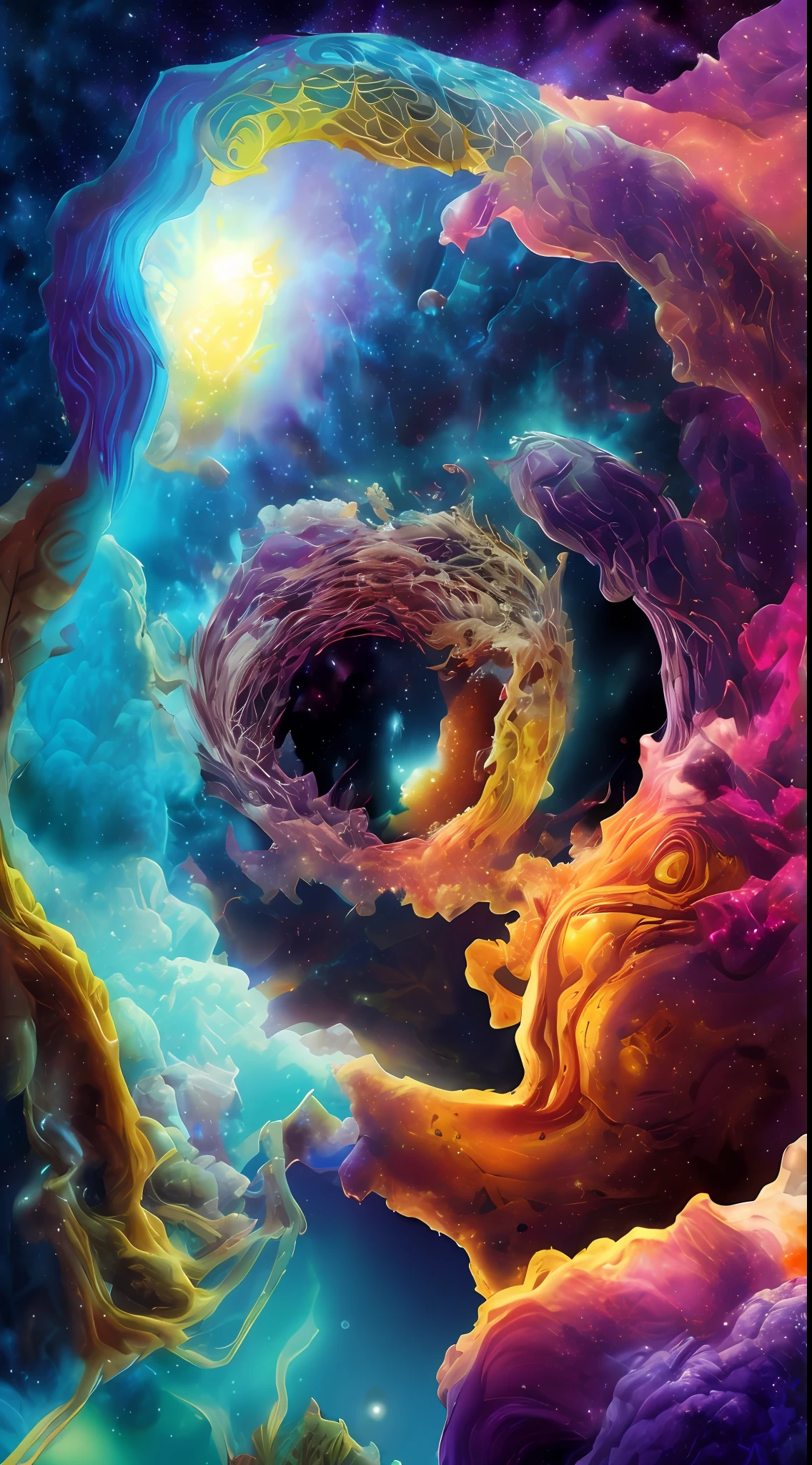 Incredible and spectacular scene, a "((high quality)), (detailed)), ((fantasy)), illustration, perspective (45 degree tilt angle), theme (enchanted forest style), scene elements (handsome boy, beautiful girl), picture quality (3D rendering effect), exquisite details, beautiful lights "emerge from glowing clouds, fractal nebula lines, cosmic entities, celestial bodies, universes, vibrant and vivid, swirling, rotating, impractical, high contrast, co-metabolic, magical, mysterious, mysterious, surreal, Oversaturated, colorful