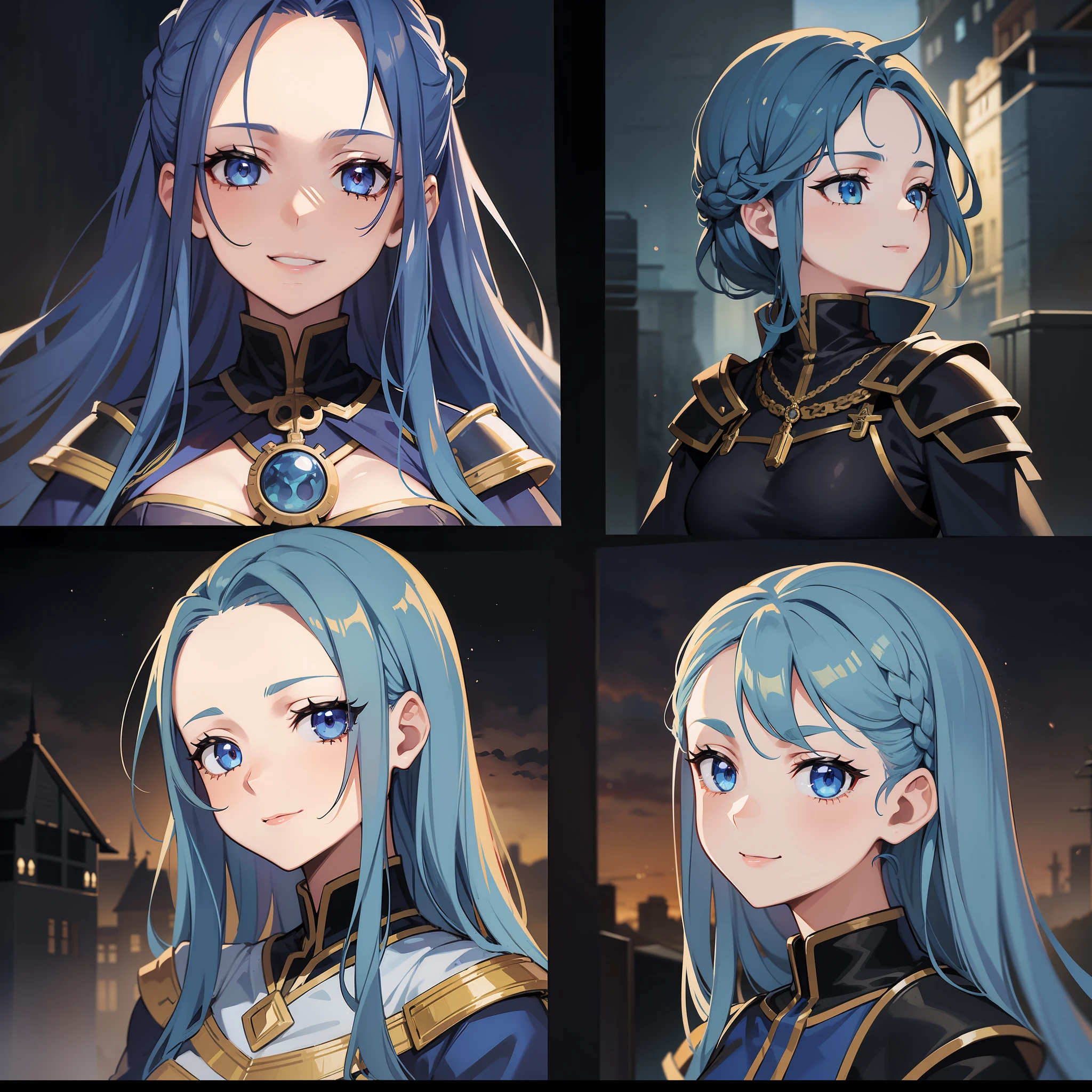 (Character design sheet, forehead, side, back, head, clothing), a girl, 18 years old, 1.75 meters, powerful sorceress, blue hair, amber eyes, fantastic-medieval clothing, light armor, magic enigma, ancestral wisdom, serene smile, courageous determination, compassionate protection.