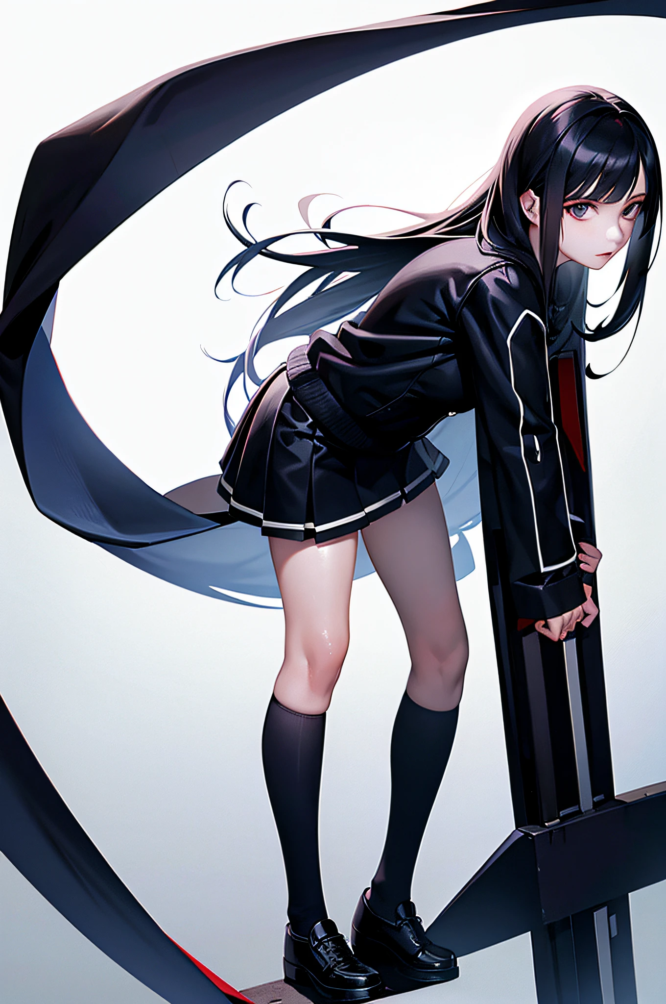 ((masterpiece, best_quality)), 1girl, (photorealistic:1.4), solo, white_background, black_hair, long_hair, zettai_ryouiki, skirt, ((full_body)),