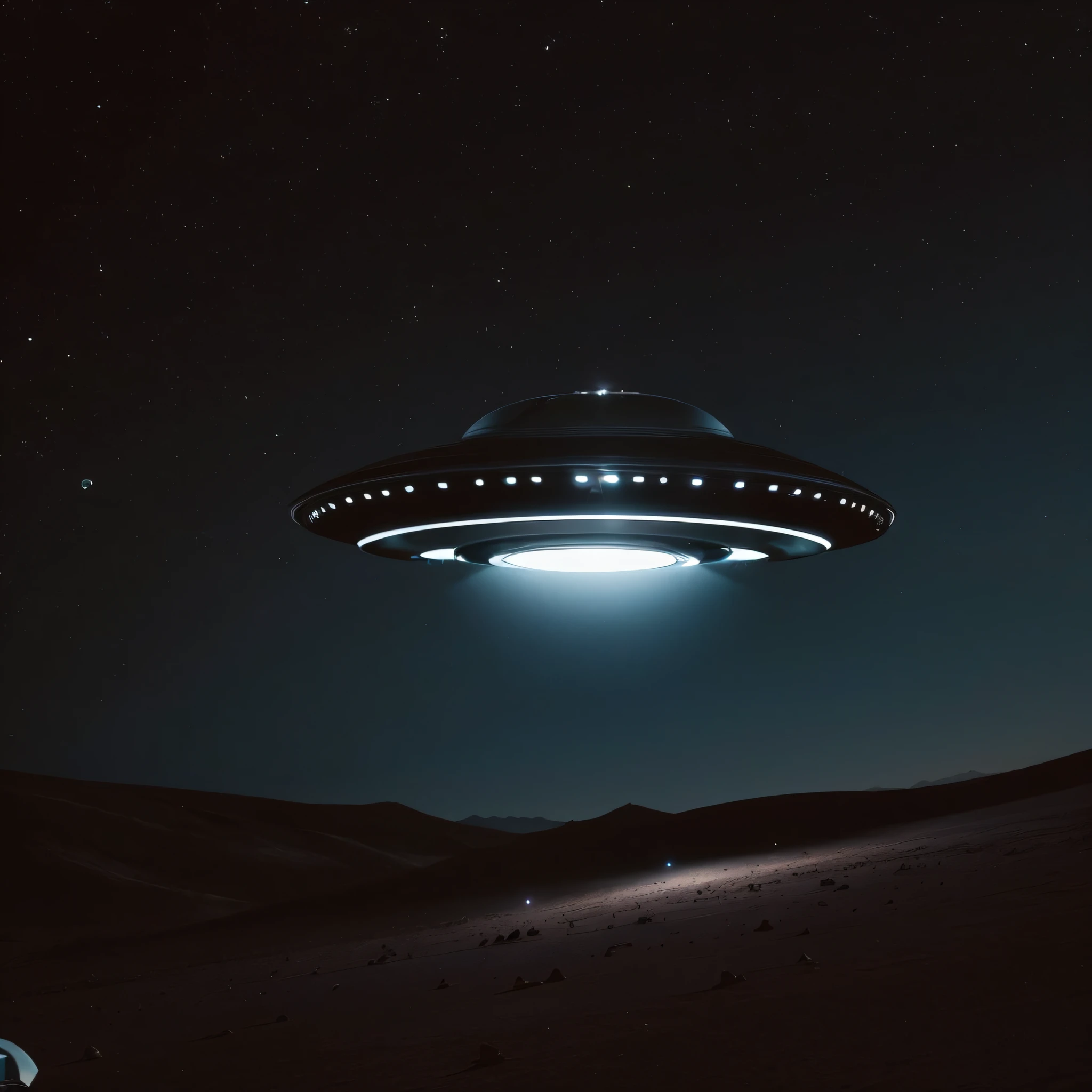 A flying saucer hovering over the desert at night with clear, starry skies