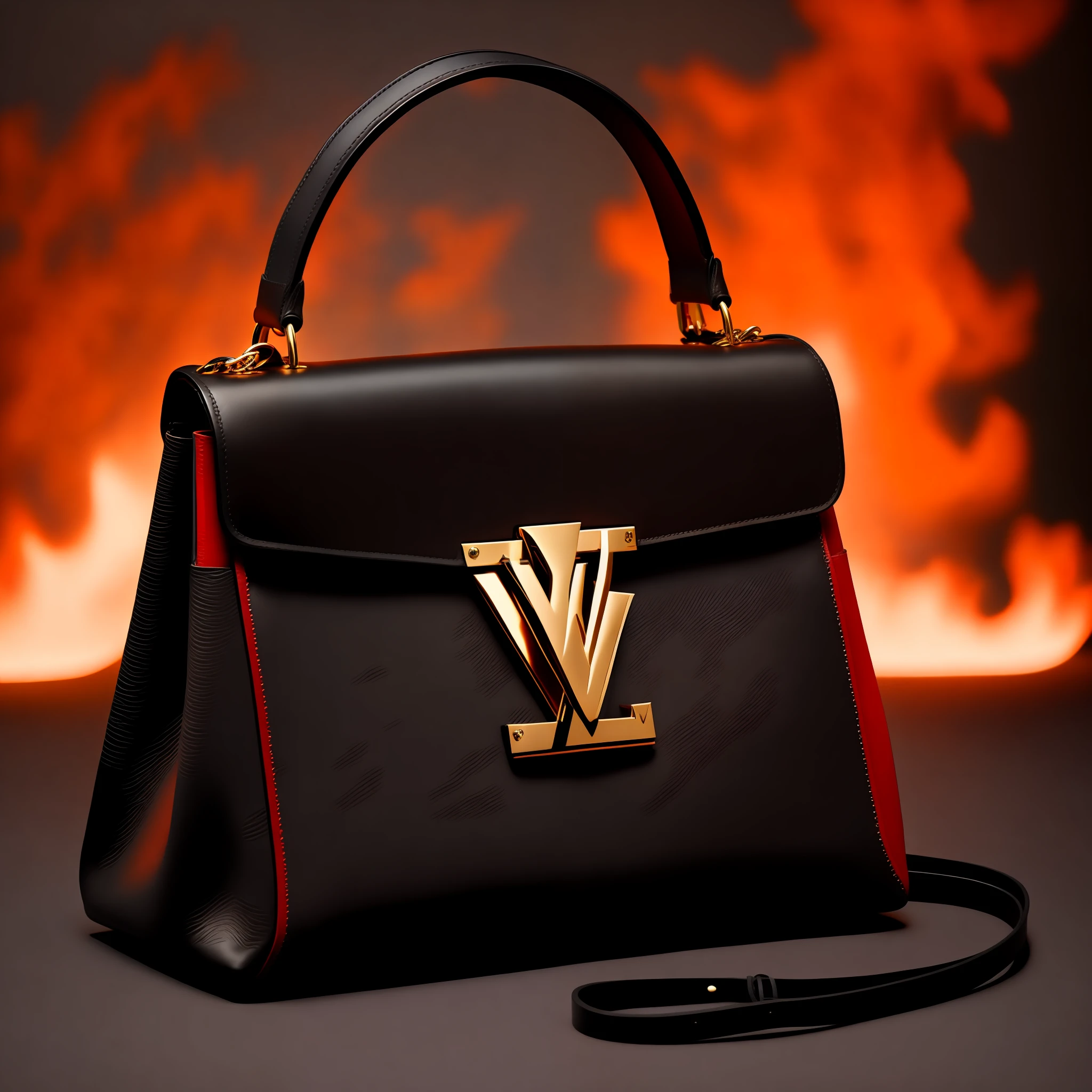 LV leather bag, flame, black goat