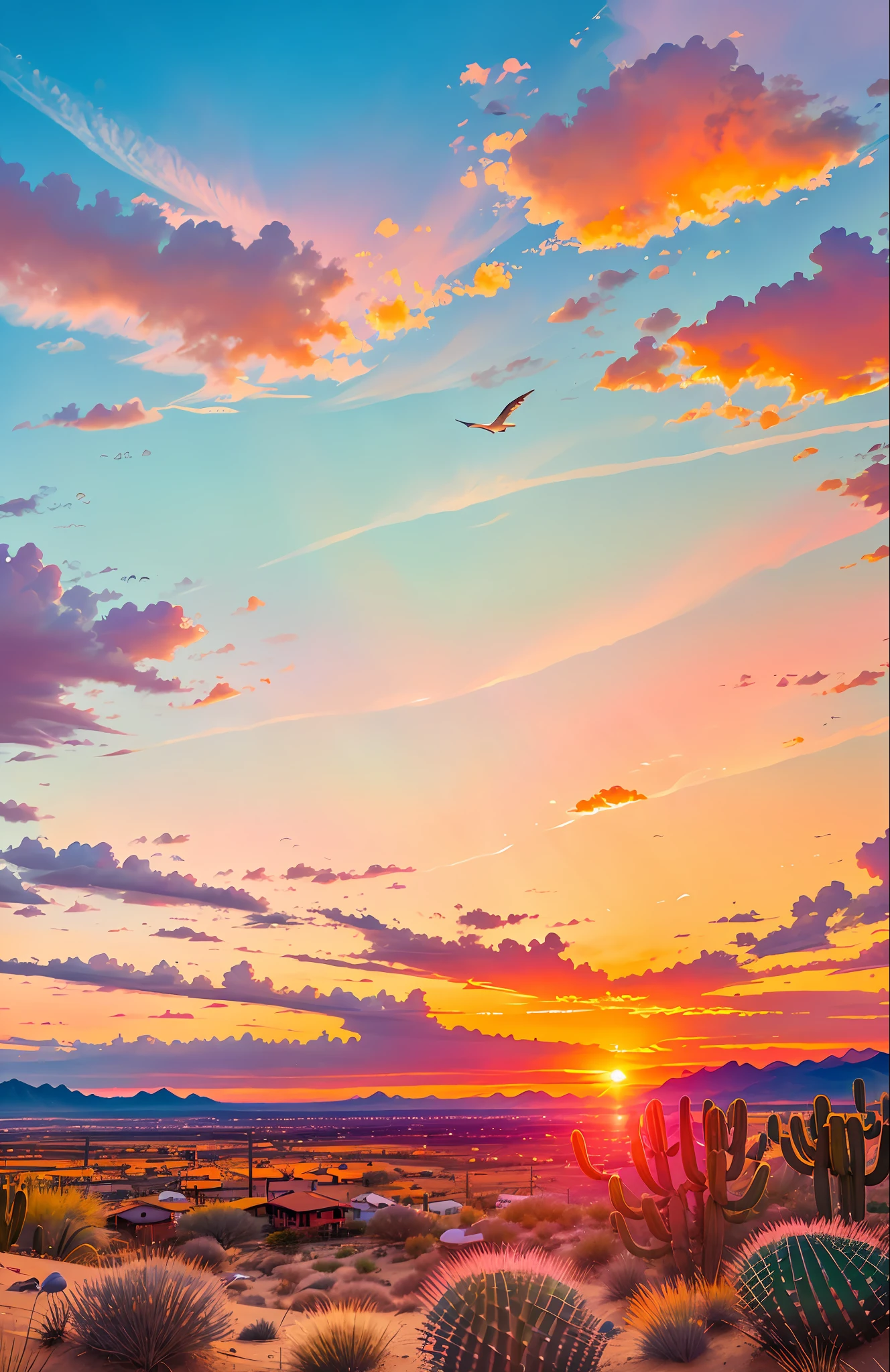 An absolutely mesmerizing sunset over the backcountry, with a mixture of oranges, pinks and yellows filling the sky. The scene is dynamic and breathtaking, with seagulls flying high in the sky and cacti swaying gently. Soak up the soothing atmosphere and let the tranquility take over you.