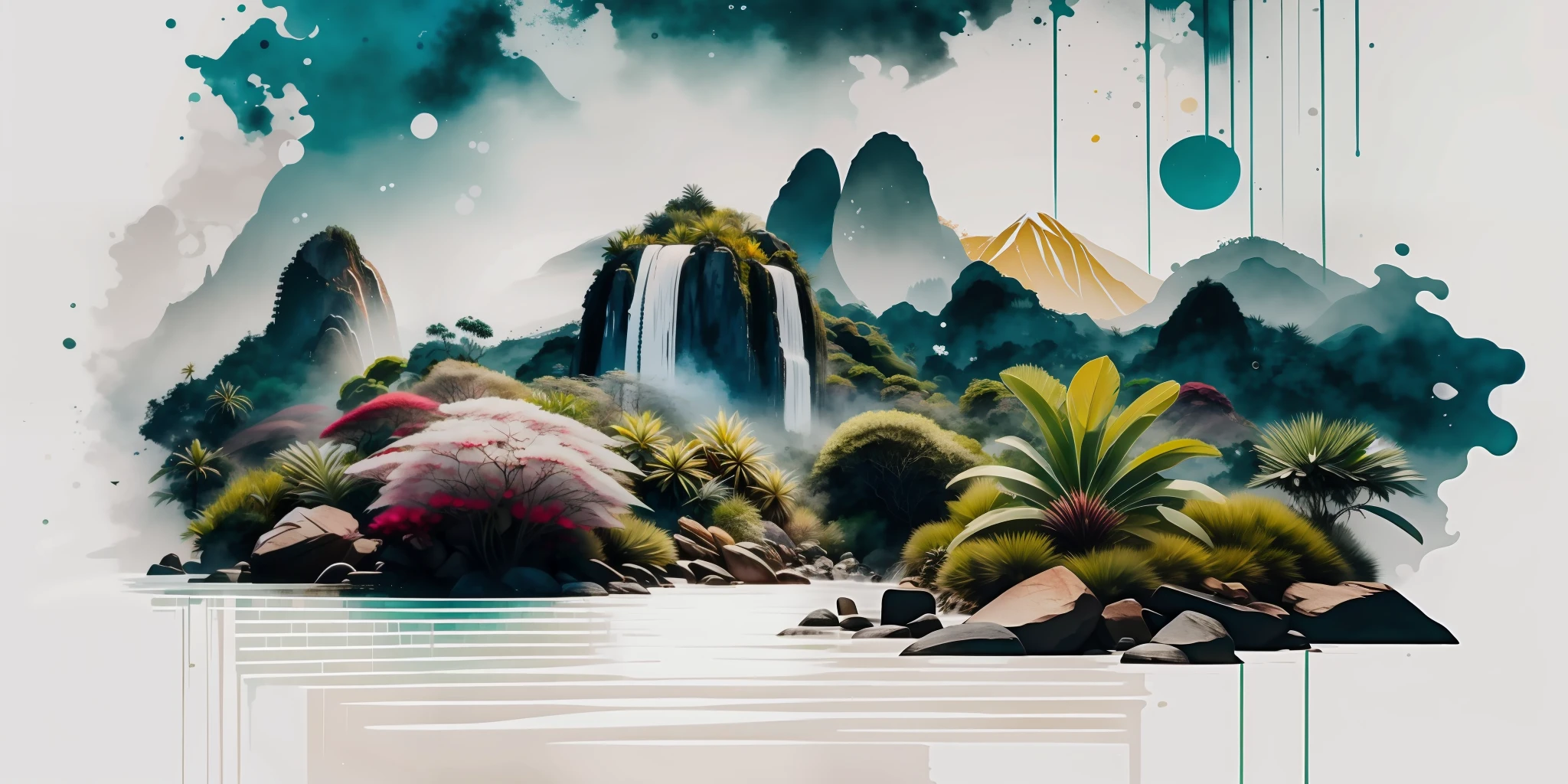 white background, tropical landscape Brazil kills. Aclantica, paint, mountains, water, trees,