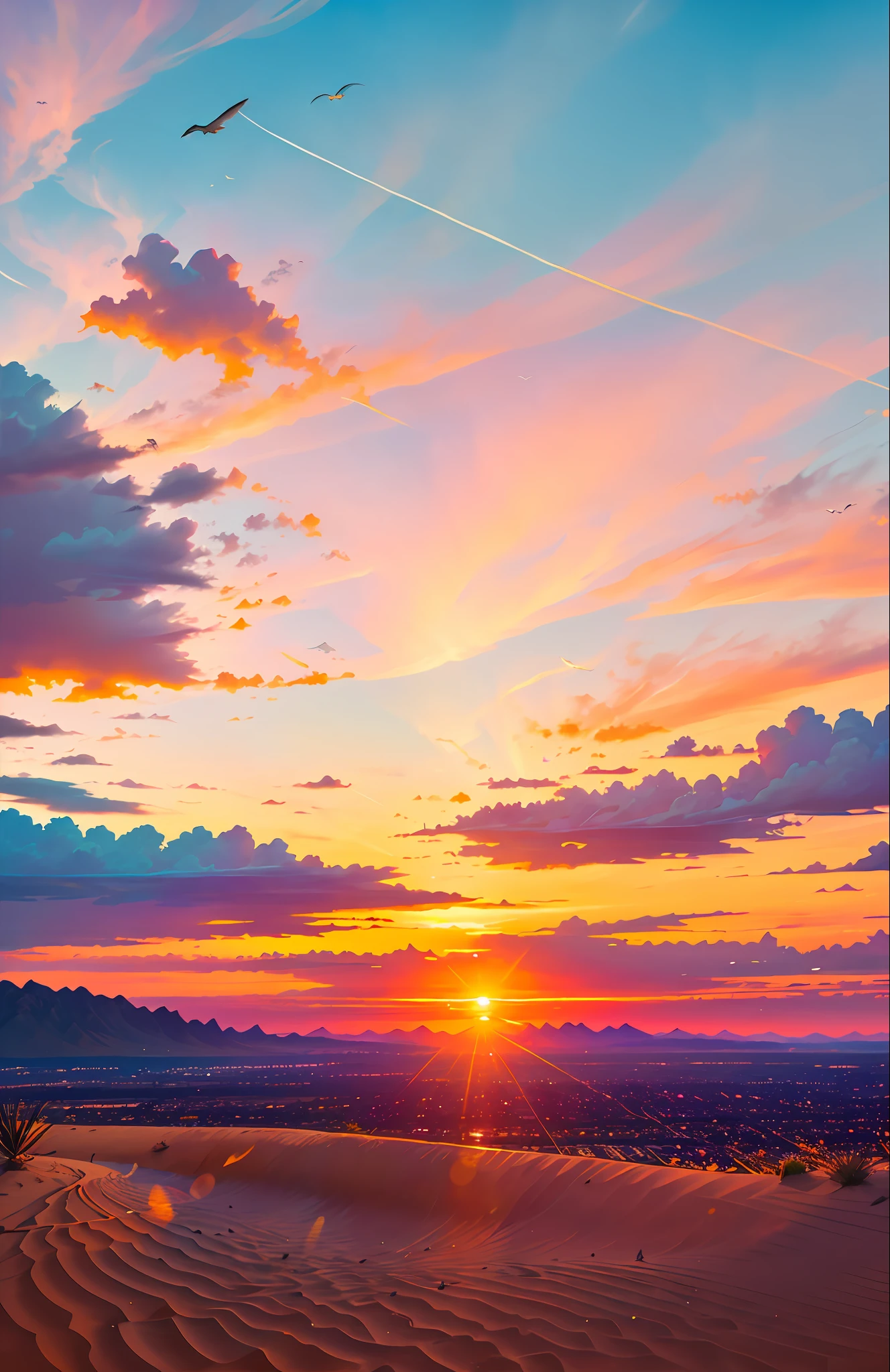 An absolutely mesmerizing sunset over the backcountry, with a mixture of oranges, pinks and yellows filling the sky. The scene is dynamic and breathtaking, with seagulls flying high in the sky and cacti swaying gently. Soak up the soothing atmosphere and let the tranquility take over you.