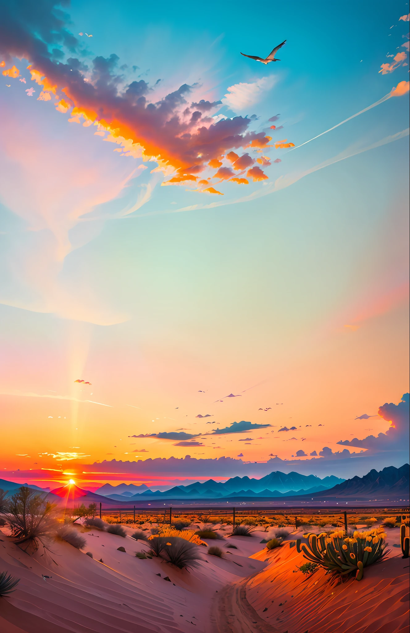 An absolutely mesmerizing sunset over the backcountry, with a mixture of oranges, pinks and yellows filling the sky. The scene is dynamic and breathtaking, with seagulls flying high in the sky and cacti swaying gently. Soak up the soothing atmosphere and let the tranquility take over you.