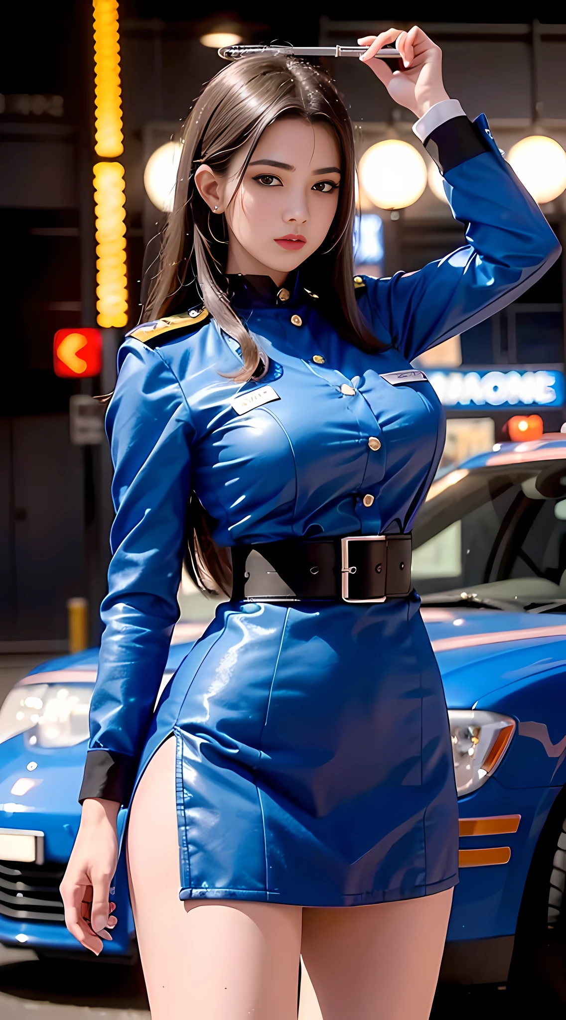 (RAW photo, 4k, masterpiece, high resolution, extremely complex) (realistic: 1.3), cinematic lighting Delicate girl with facial features, oversized, sexy body, protruding and upturned
1 female policeman with long hair blue police uniform uniform black wrapped short skirt, handsome action with batons, night scene, movie shot, white skin, panoramic police car next to it