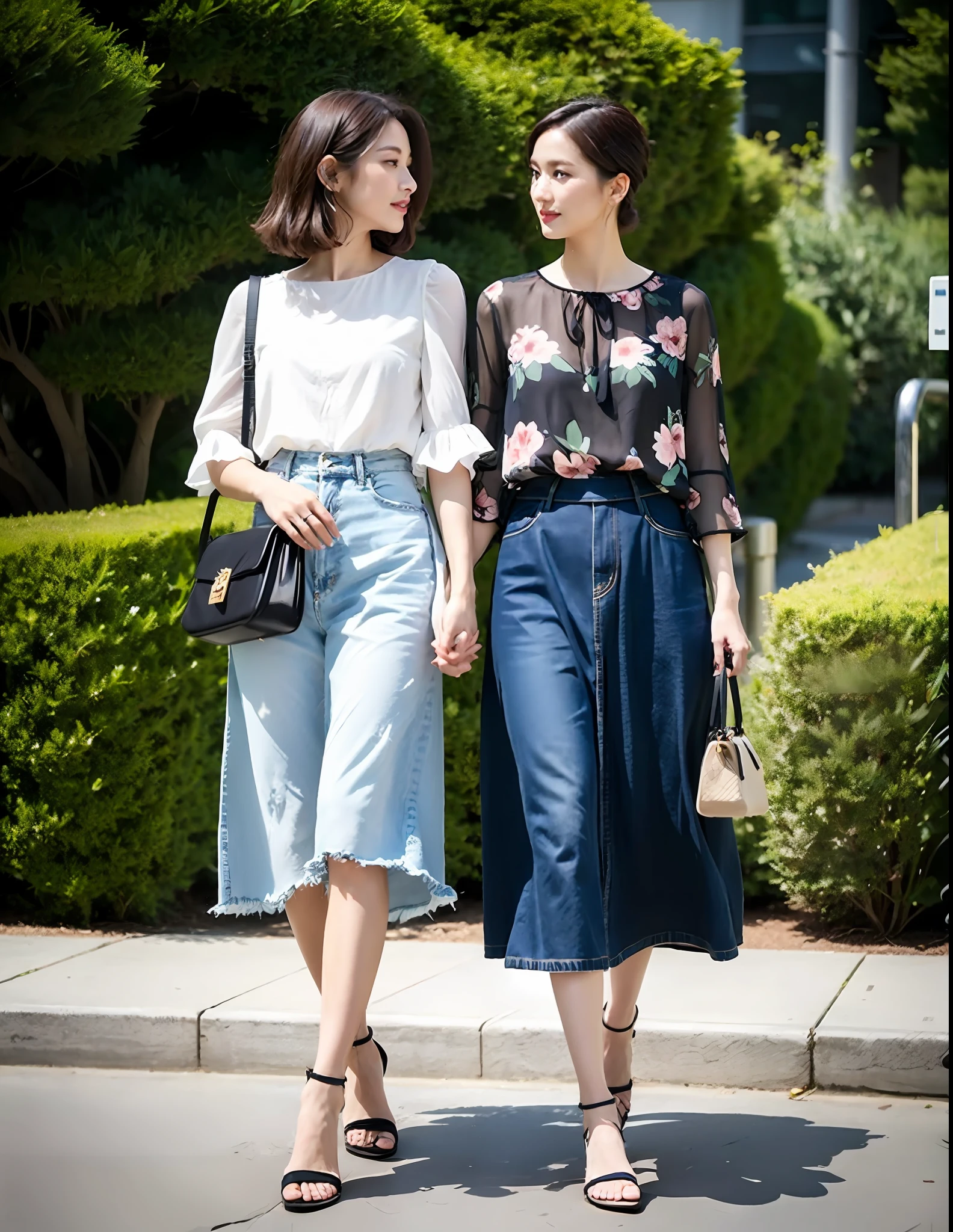 3. Floral Chiffon Blouse paired with a Midi Denim Skirt
The floral chiffon blouse is an essential fashion item for summer, as it showcases both the feminine and graceful side of women while adding a touch of intellectual elegance. Pairing it with a midi denim skirt can elongate the body proportion and perfectly combine casual and formal styles. Opt for a comfortable pair of flat sandals, ensuring walking comfort while maintaining a relaxed and effortless look. Carry a streamlined handbag on your shoulder to complete the whole ensemble.