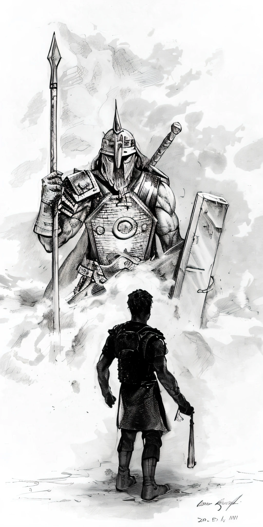 "david holding a sling with a stone in front of a large goliath soldier realistic painting senario", "desert, crowd of soldiers, sena epica, biblical descriptions, intricate painting")