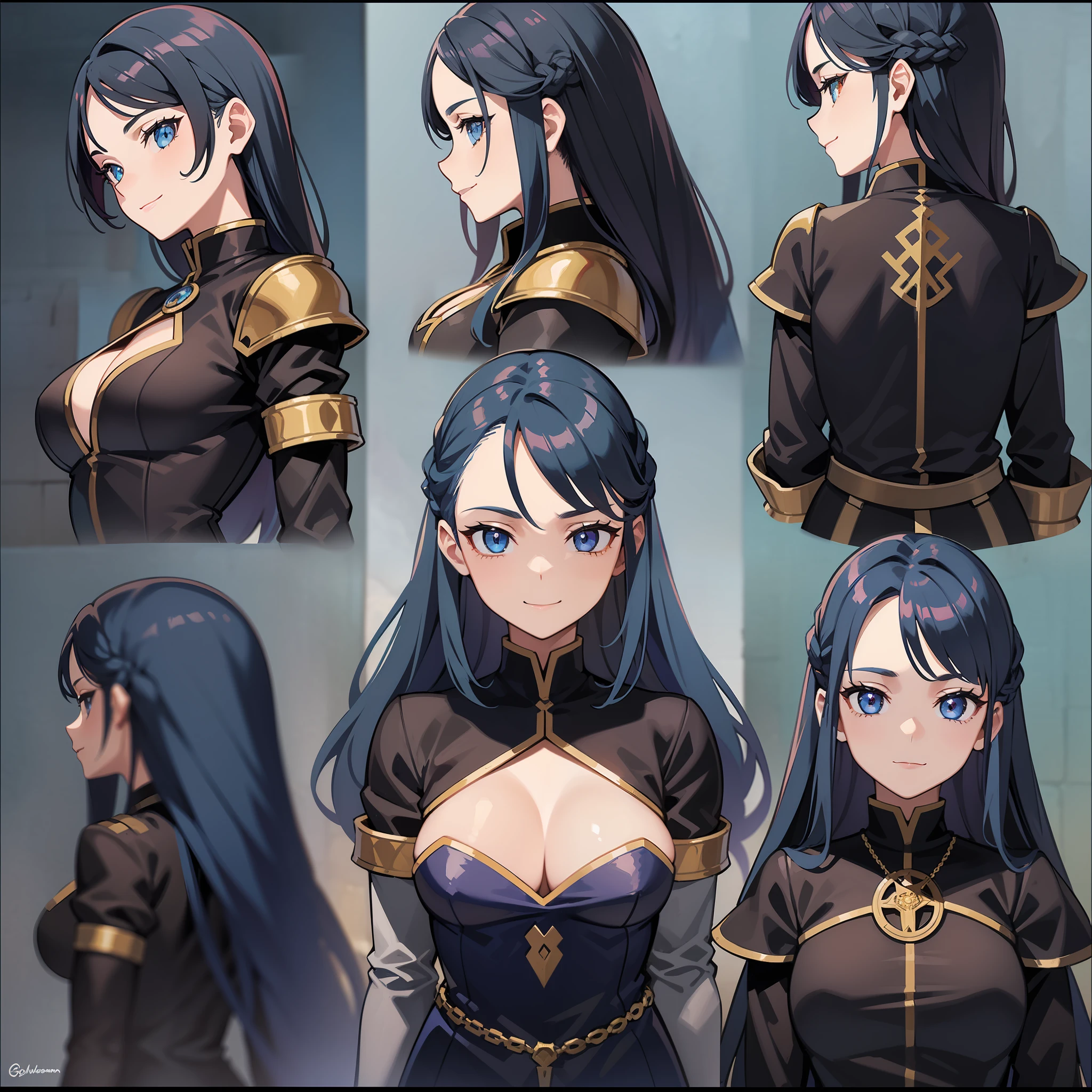 (Character design sheet, forehead, side, back, head, clothing), a girl, 18 years old, 1.75 meters, powerful sorceress, blue hair, amber eyes, fantastic-medieval clothing, light armor, magic enigma, ancestral wisdom, serene smile, courageous determination, compassionate protection.