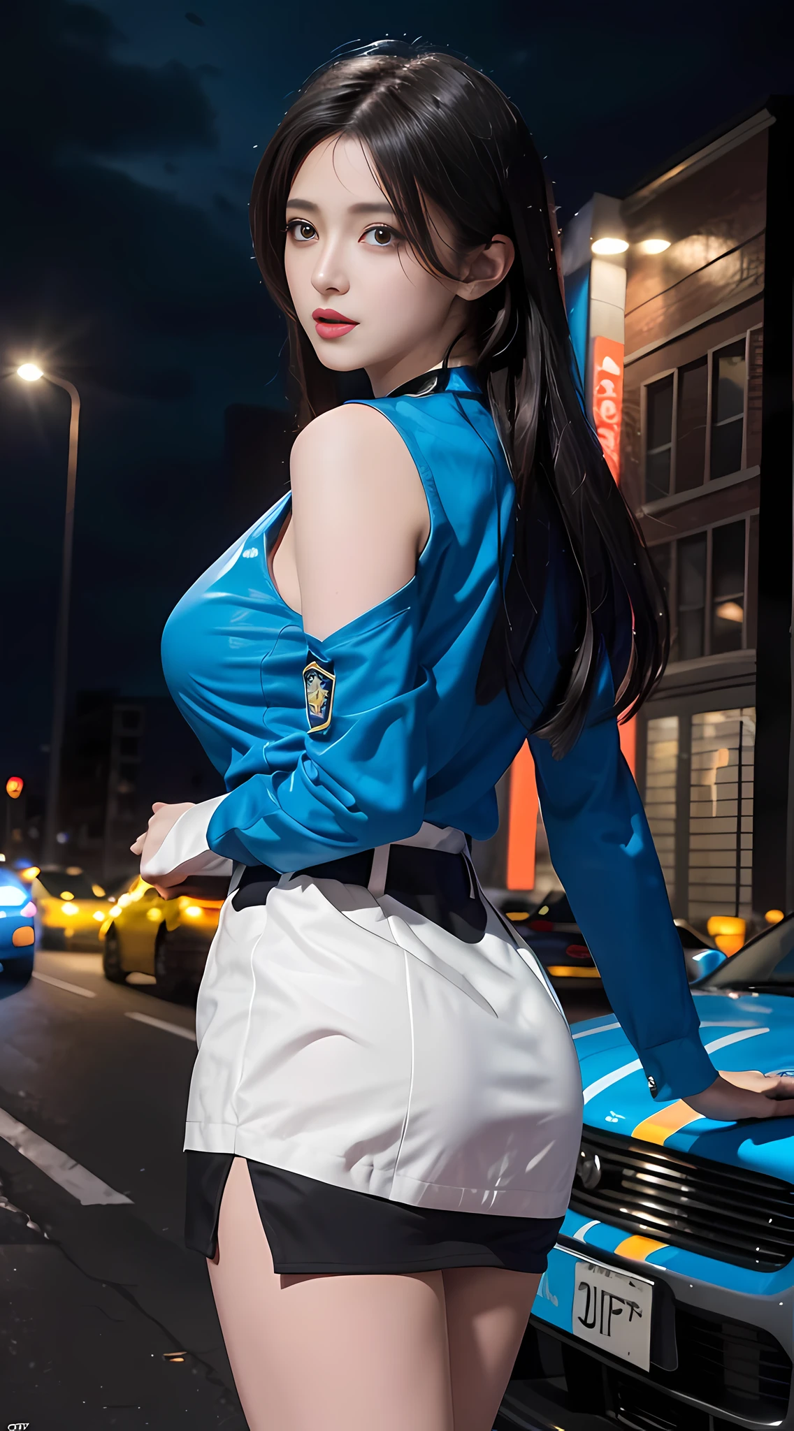 RAW photo, 8k, masterpiece, high resolution, extremely complex) (realistic: 1.3), cinematic lighting Delicate girl with delicate facial features, oversized breasts Sexy body Foreprotruding back 1 female policeman long hair Various colors police uniform Uniform Various colors wrapped short skirt, action handsome with batons, night scene, movie shots, white skin, panoramic police car next to it