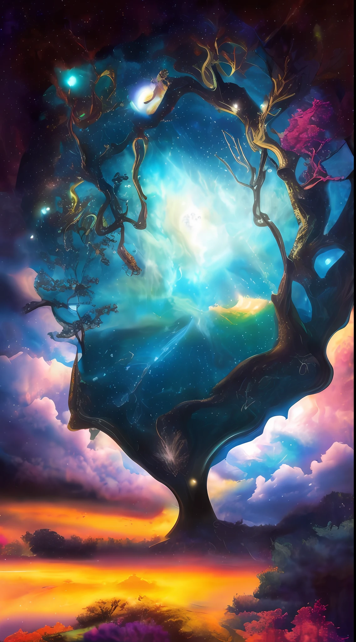 Incredible and spectacular scene, a "((high quality)), (detailed)), ((fantasy)), illustration, perspective (45 degree tilt angle), theme (enchanted forest style), scene elements (handsome boy, beautiful girl), picture quality (3D rendering effect), exquisite details, beautiful lights "emerge from glowing clouds, fractal nebula lines, cosmic entities, celestial bodies, universes, vibrant and vivid, swirling, rotating, impractical, high contrast, co-metabolic, magical, mysterious, mysterious, surreal, Oversaturated, colorful