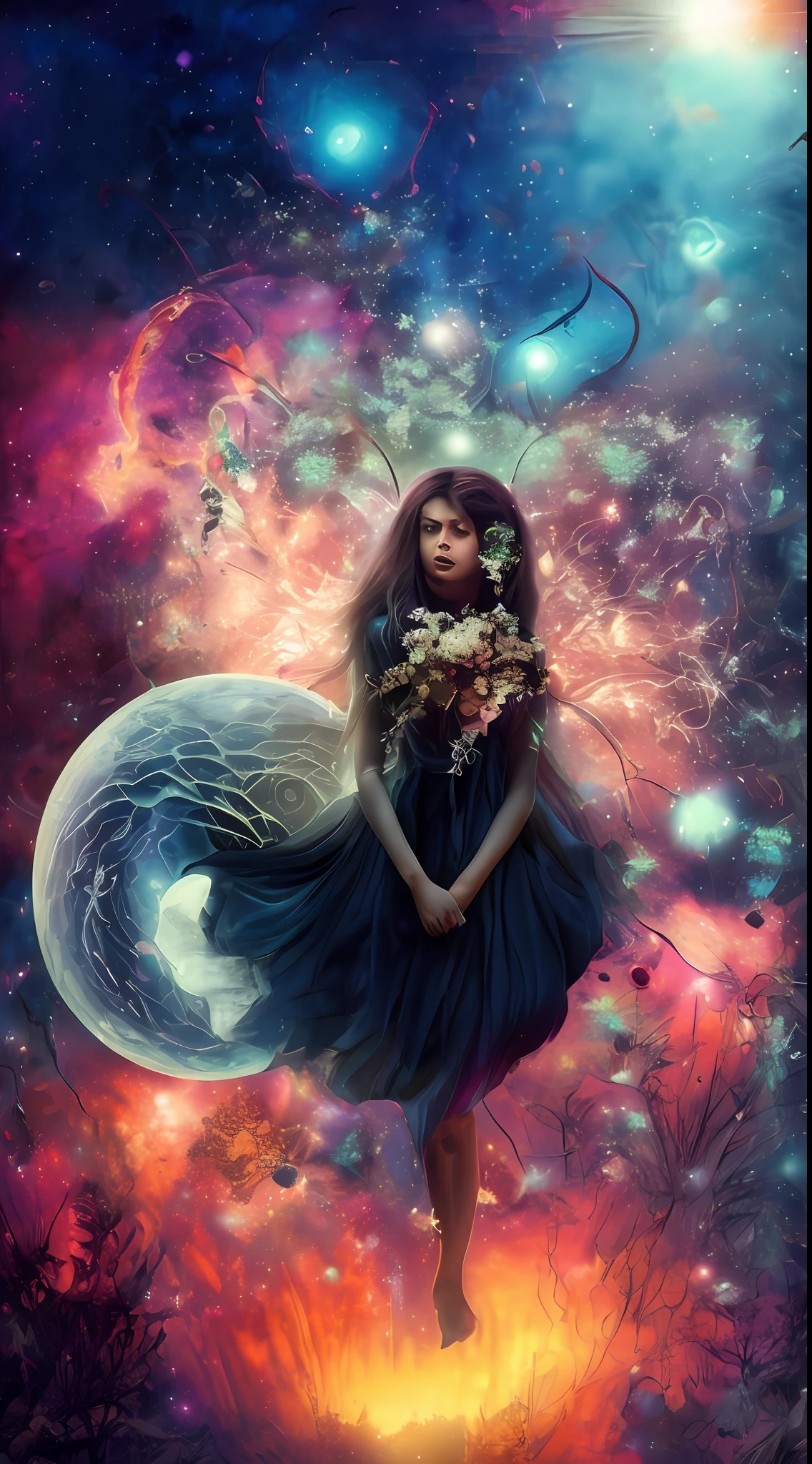 Incredible and spectacular scene, a "((high quality)), (detailed)), ((fantasy)), illustration, perspective (45 degree tilt angle), theme (enchanted forest style), scene elements (handsome boy, beautiful girl), picture quality (3D rendering effect), exquisite details, beautiful lights "emerge from glowing clouds, fractal nebula lines, cosmic entities, celestial bodies, universes, vibrant and vivid, swirling, rotating, impractical, high contrast, co-metabolic, magical, mysterious, mysterious, surreal, Oversaturated, colorful