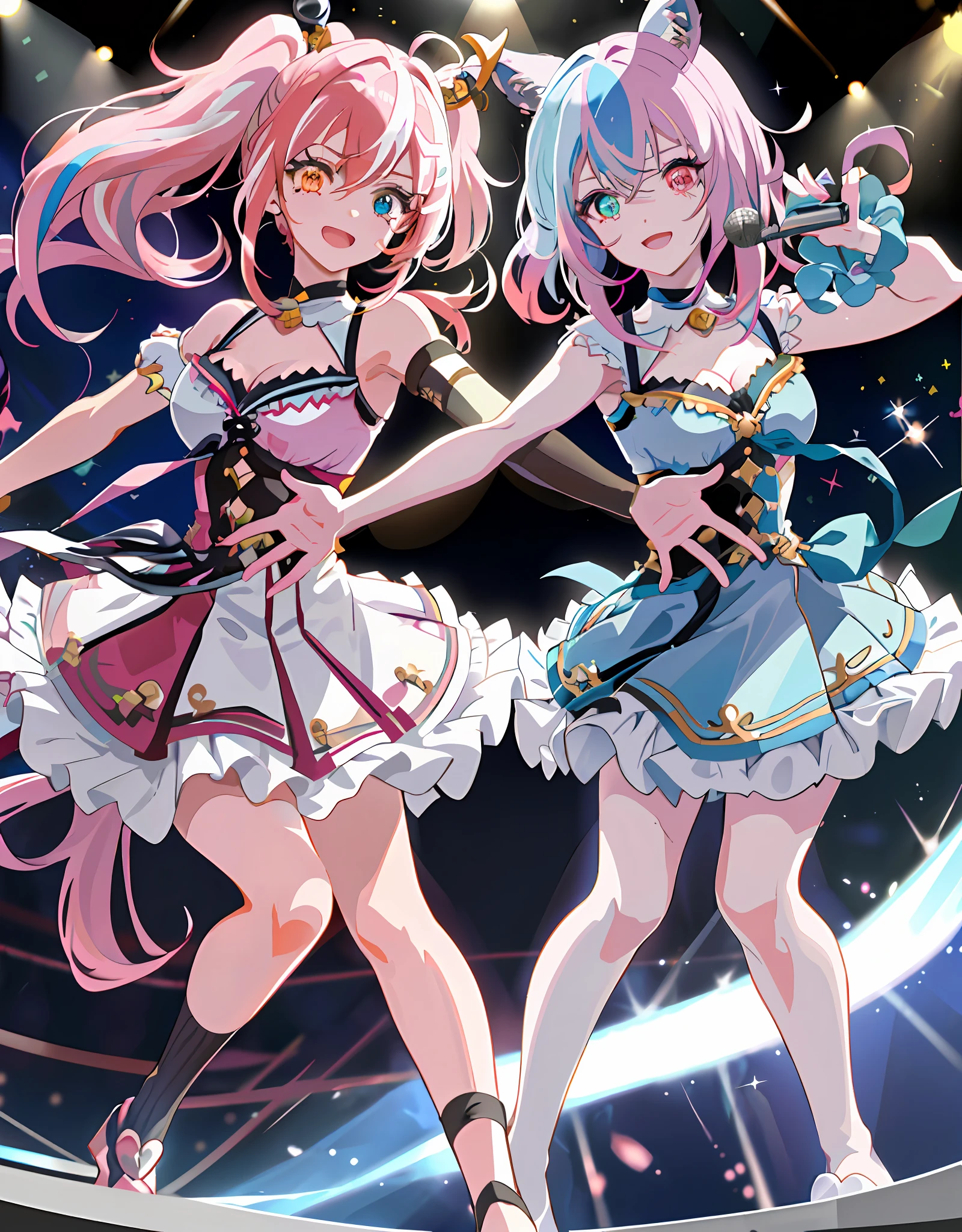 Masterpiece, anime, dynamic angle, ((Ultra detailed face and eyes: 1.2)))), (Perfect human arms, adjusted detailed human 5 fingers)) upper body, 1 girl, smile, wolf ears, wolf tail, pink eyes, hair between eyes, ((Wink)))), D cup, cleavage, striped hair, (((((Variegated hair color: 1))))), Variegated hairstyle: 1, twin tails, Ultra-detailed gradient hair, idol costumes, professional designers, ruffled dresses, love live, jewelry, backstage, best stage, climax, professional stage, (((holding the microphone with left hand and singing emotionally, overflowing emotions, best smile))), singer, vocalist: 1, idol, diva, professional stage, professional lighting, live lighting, distract the gaze, Fan service: 1, ((((Satellite photo seen from the audience)))), (((Panchira, cute panties))))
